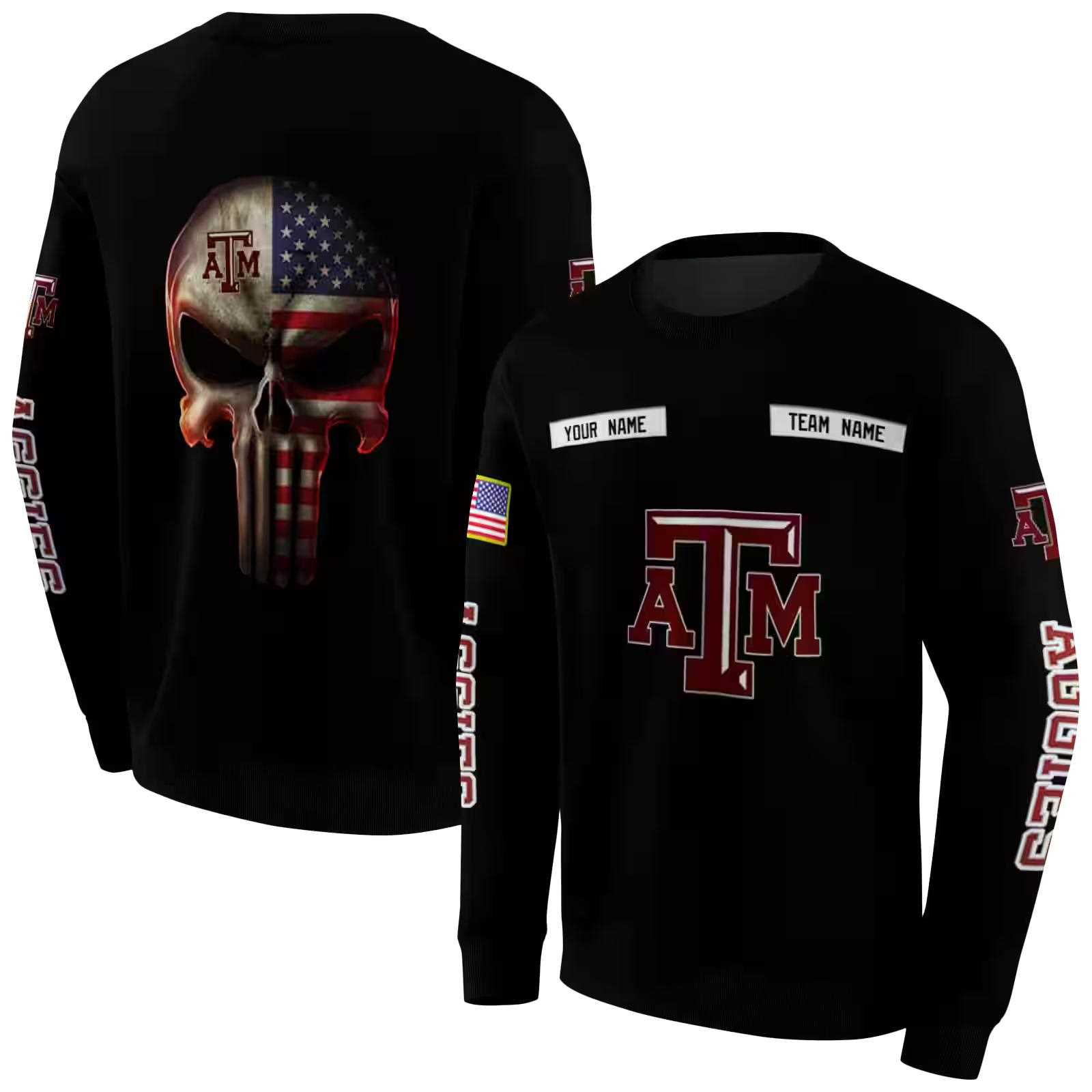 custom texas am aggies punisher skull black hoodie premium grade