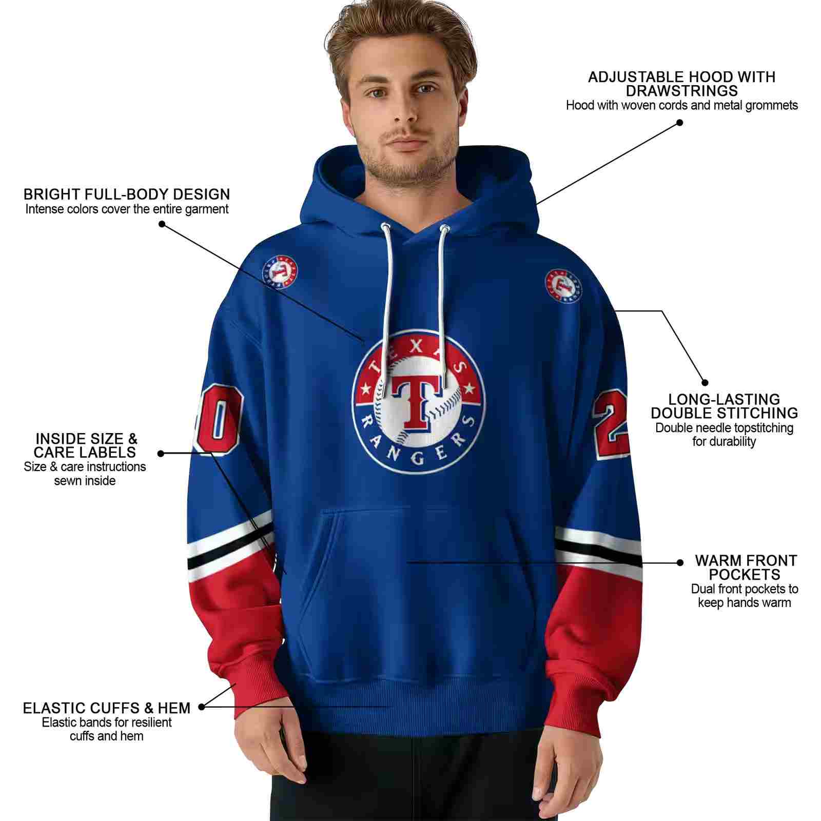 custom texas rangers striped sleeves blue hoodie latest model