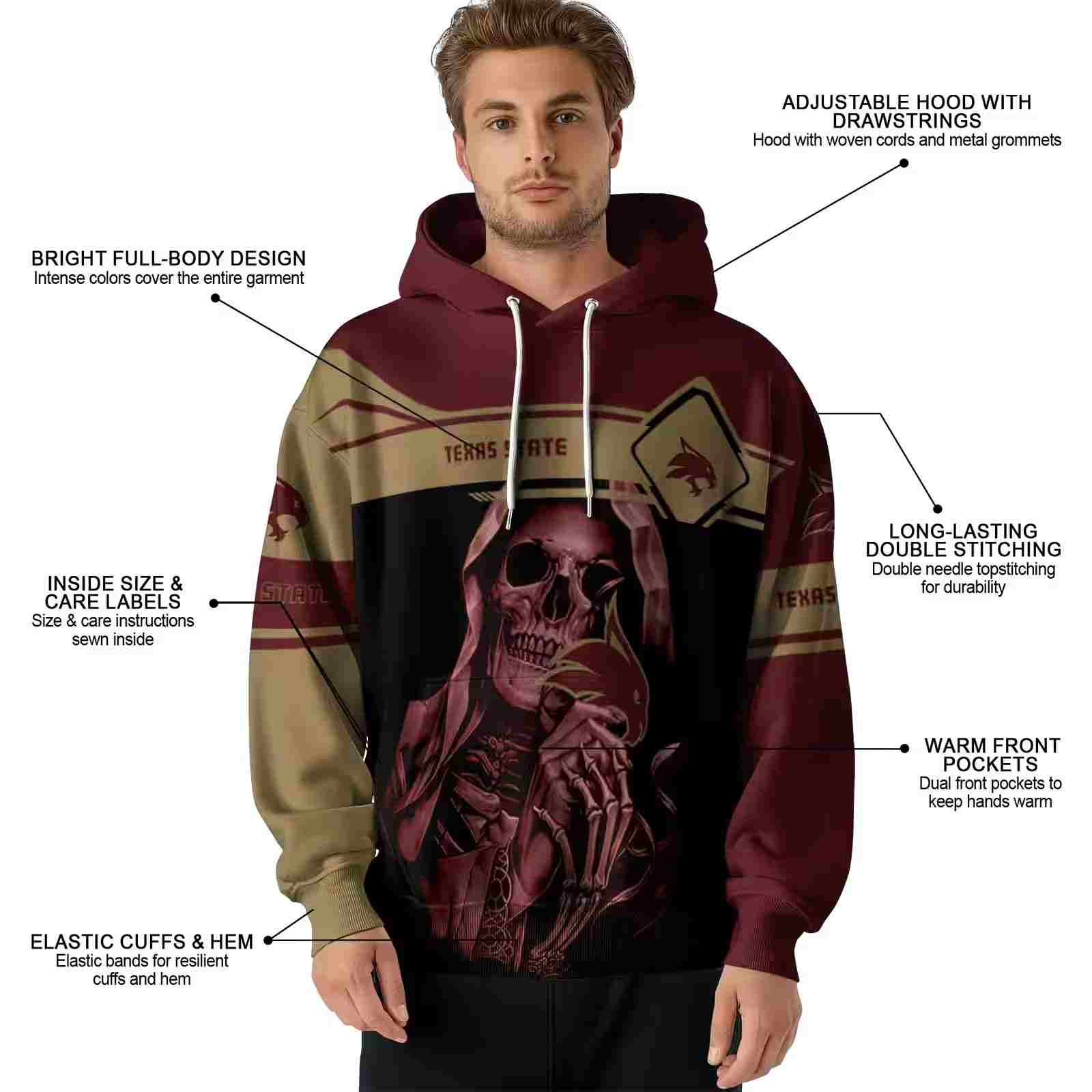 custom texas state bobcats grim reaper maroon black hoodie latest model