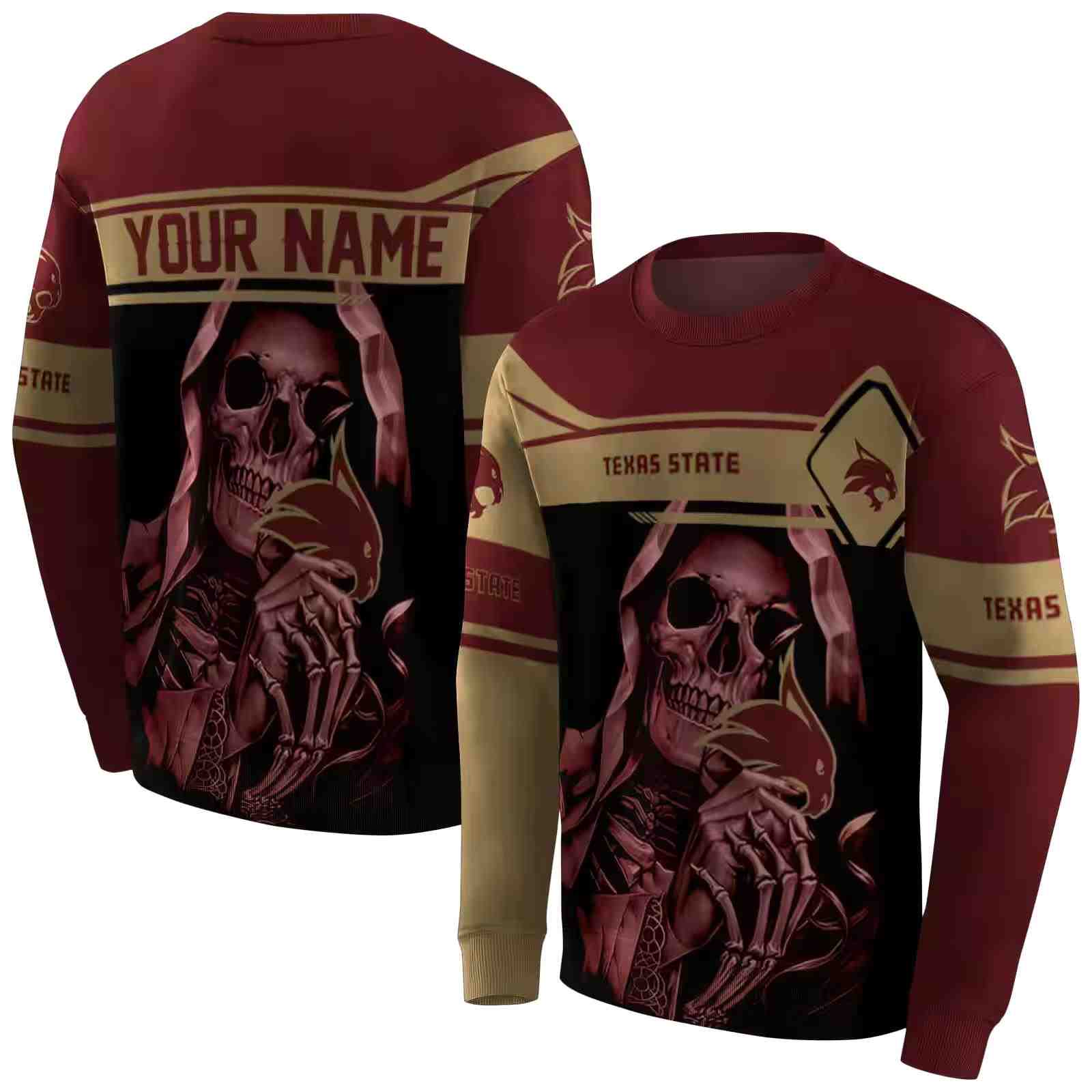 custom texas state bobcats grim reaper maroon black hoodie premium grade