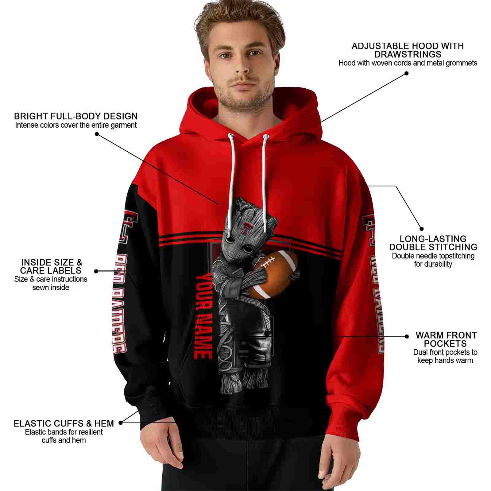 custom texas tech red raiders baby groot red black hoodie latest model