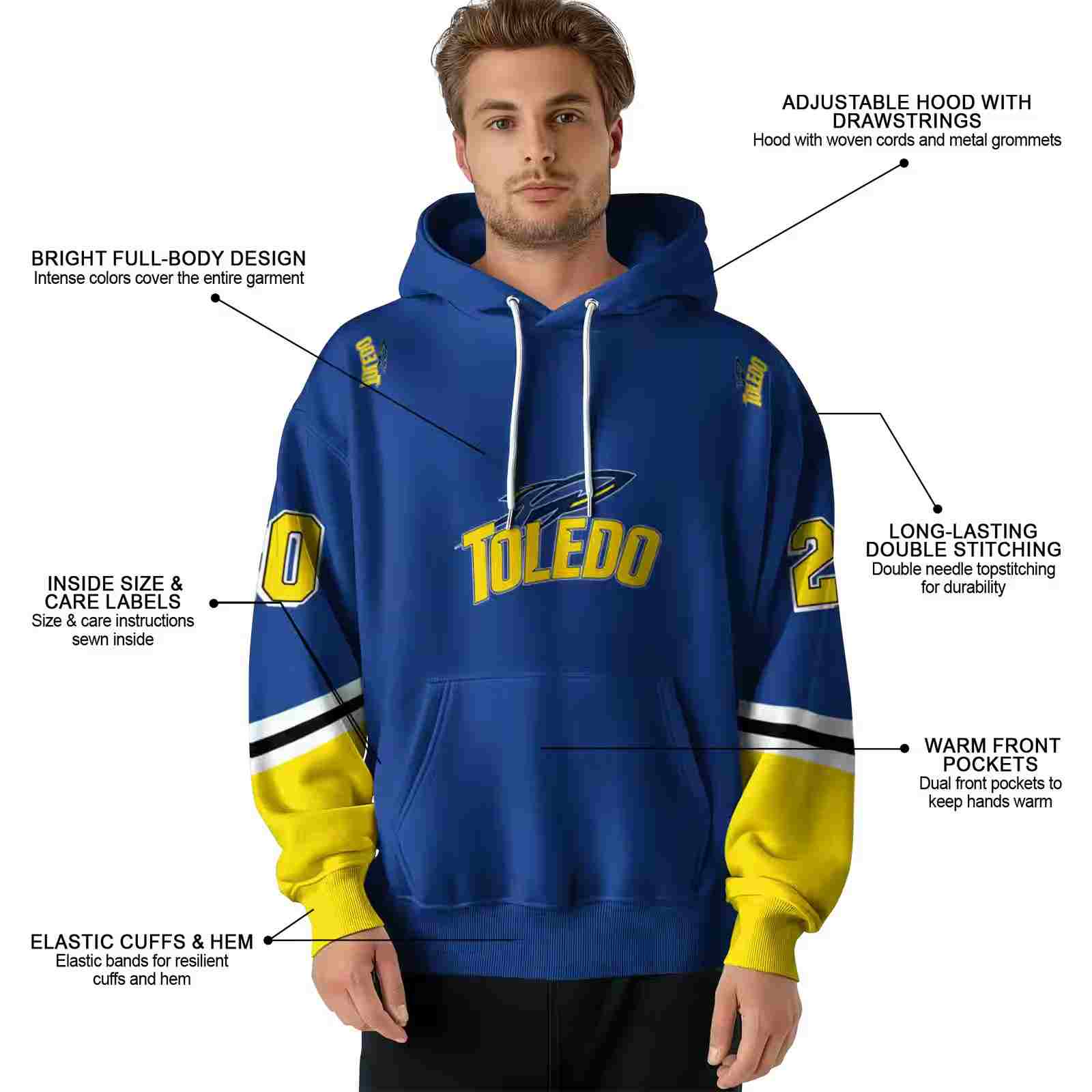 custom toledo rockets striped sleeves blue hoodie latest model