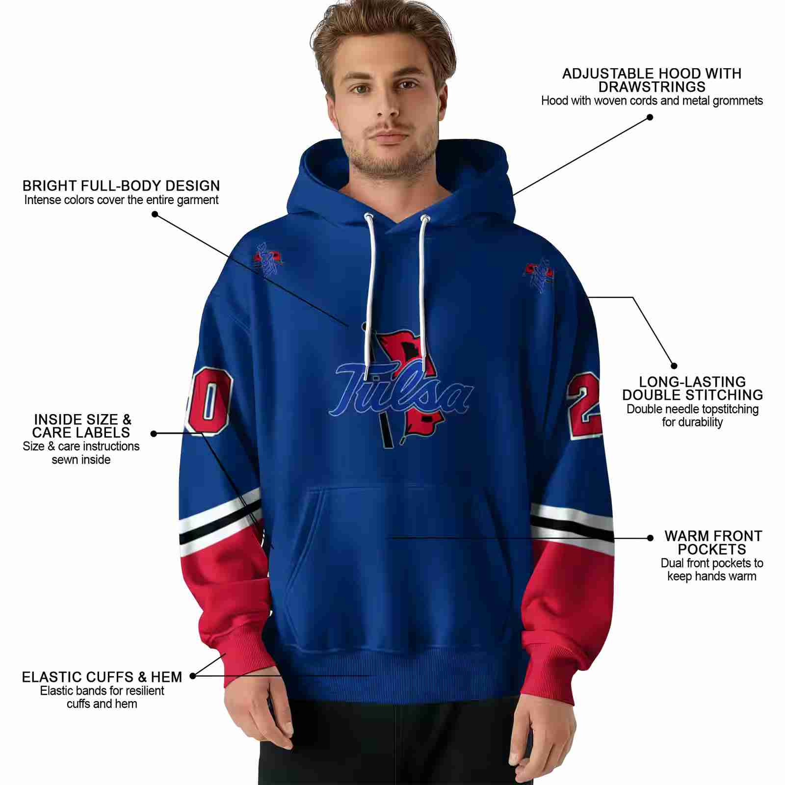 custom tulsa golden hurricane striped sleeves blue hoodie latest model