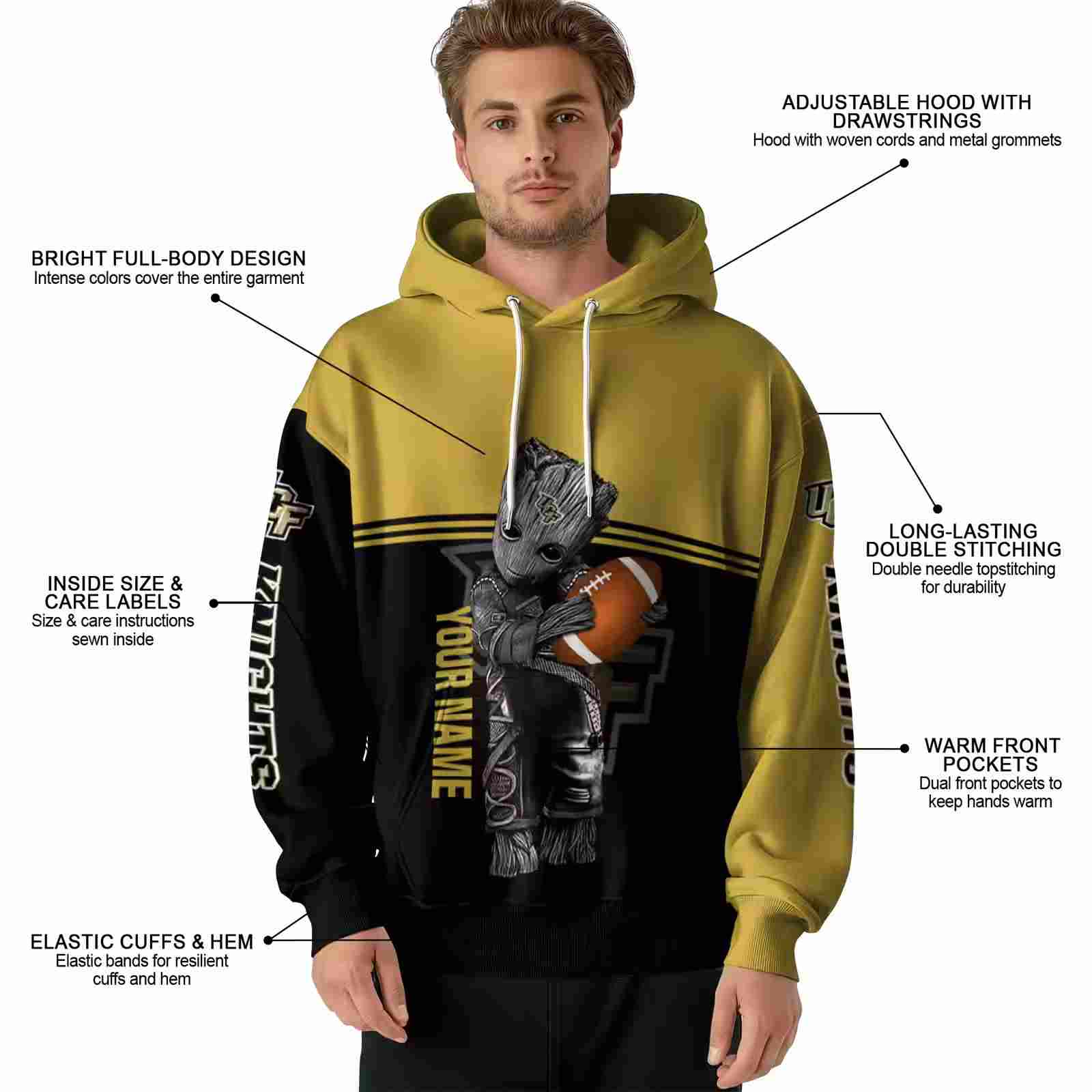 custom ucf knights baby groot gold black hoodie latest model