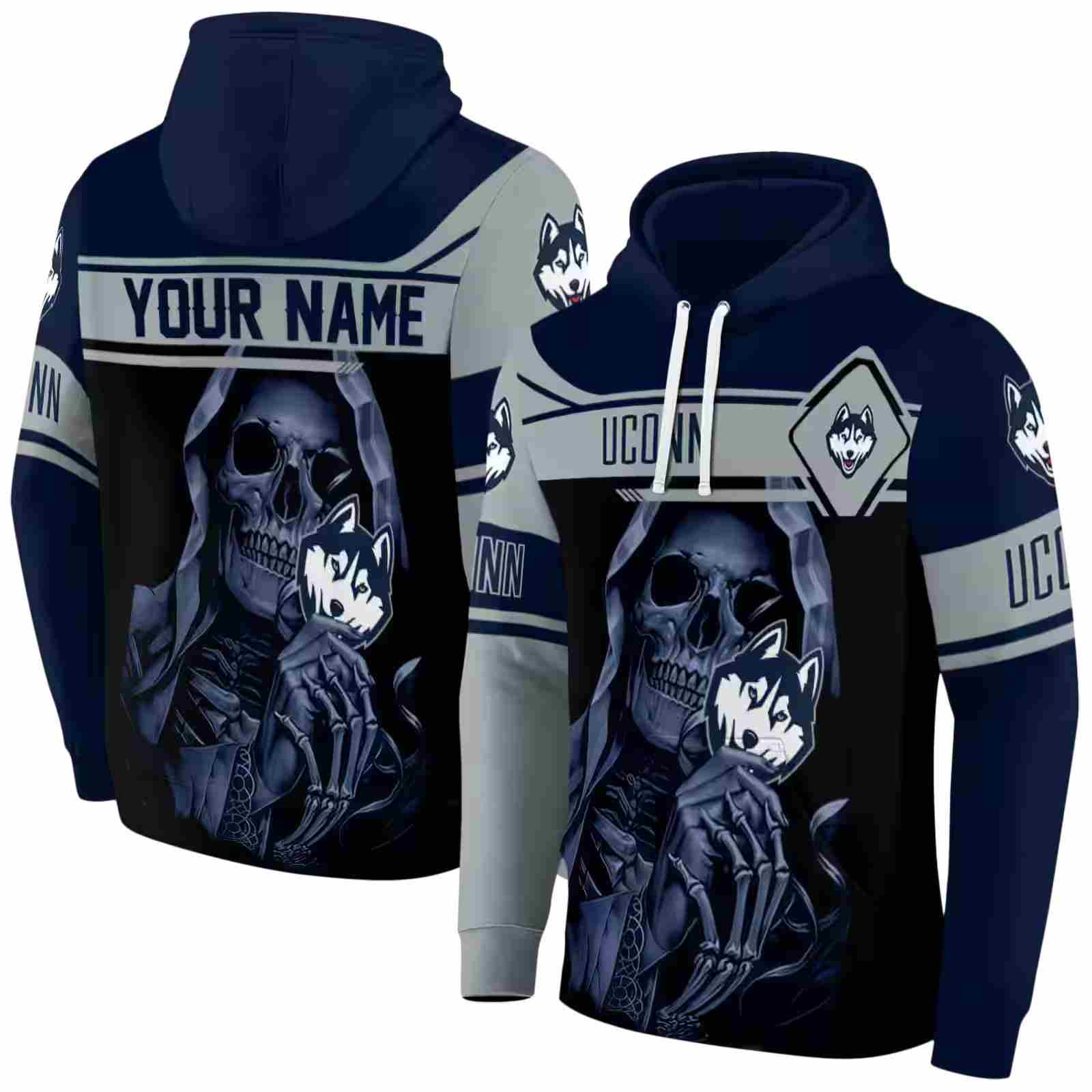 custom uconn huskies grim reaper blue black hoodie fashion forward