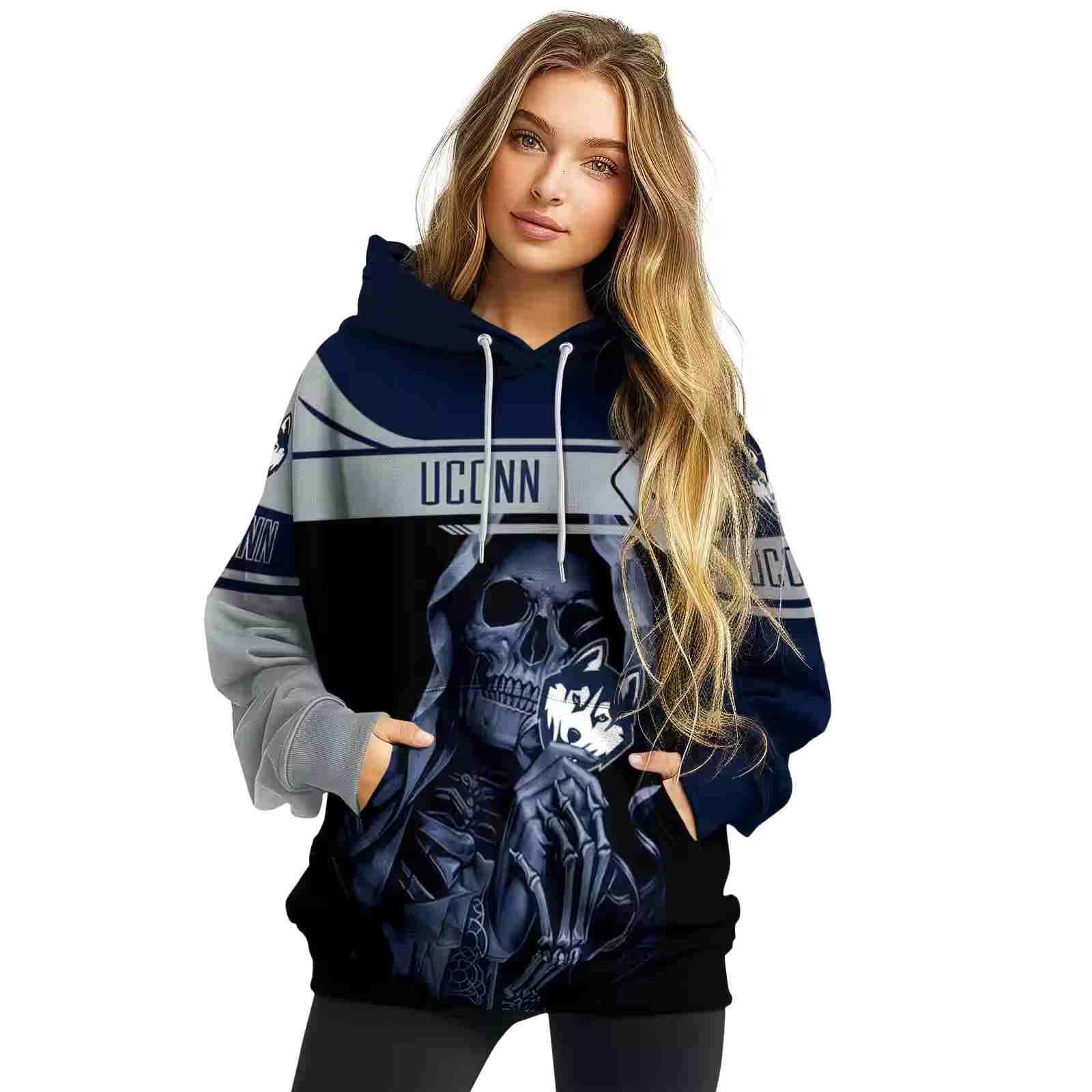 custom uconn huskies grim reaper blue black hoodie high quality