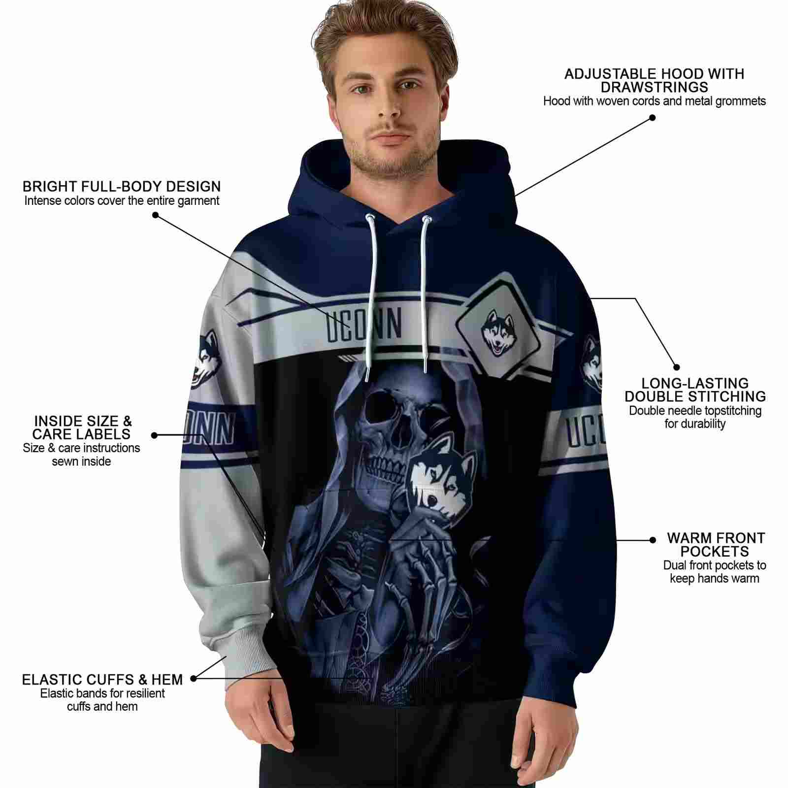 custom uconn huskies grim reaper blue black hoodie latest model