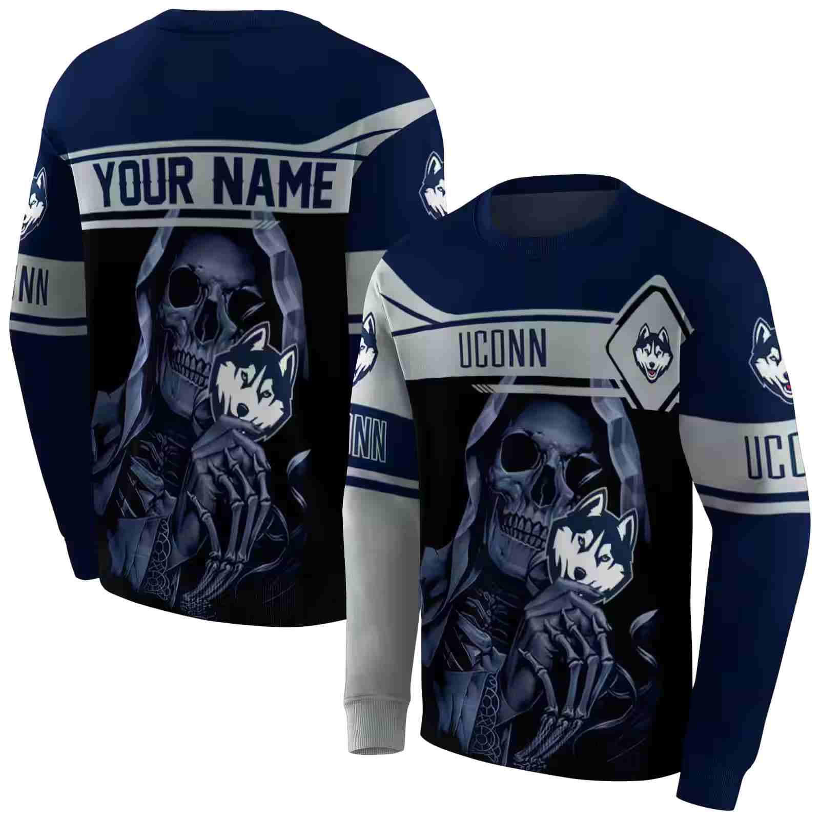 custom uconn huskies grim reaper blue black hoodie premium grade