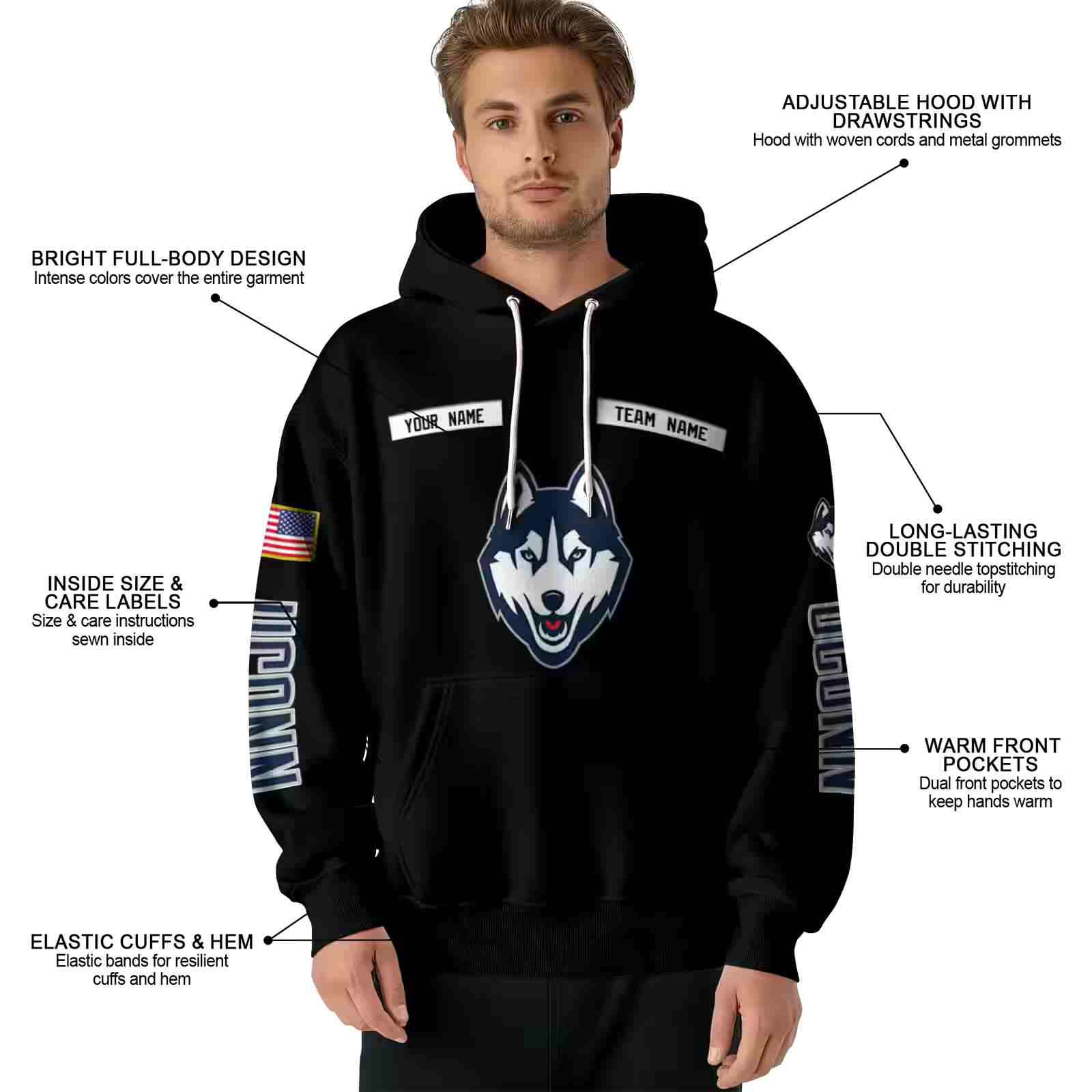 custom uconn huskies punisher skull black hoodie latest model