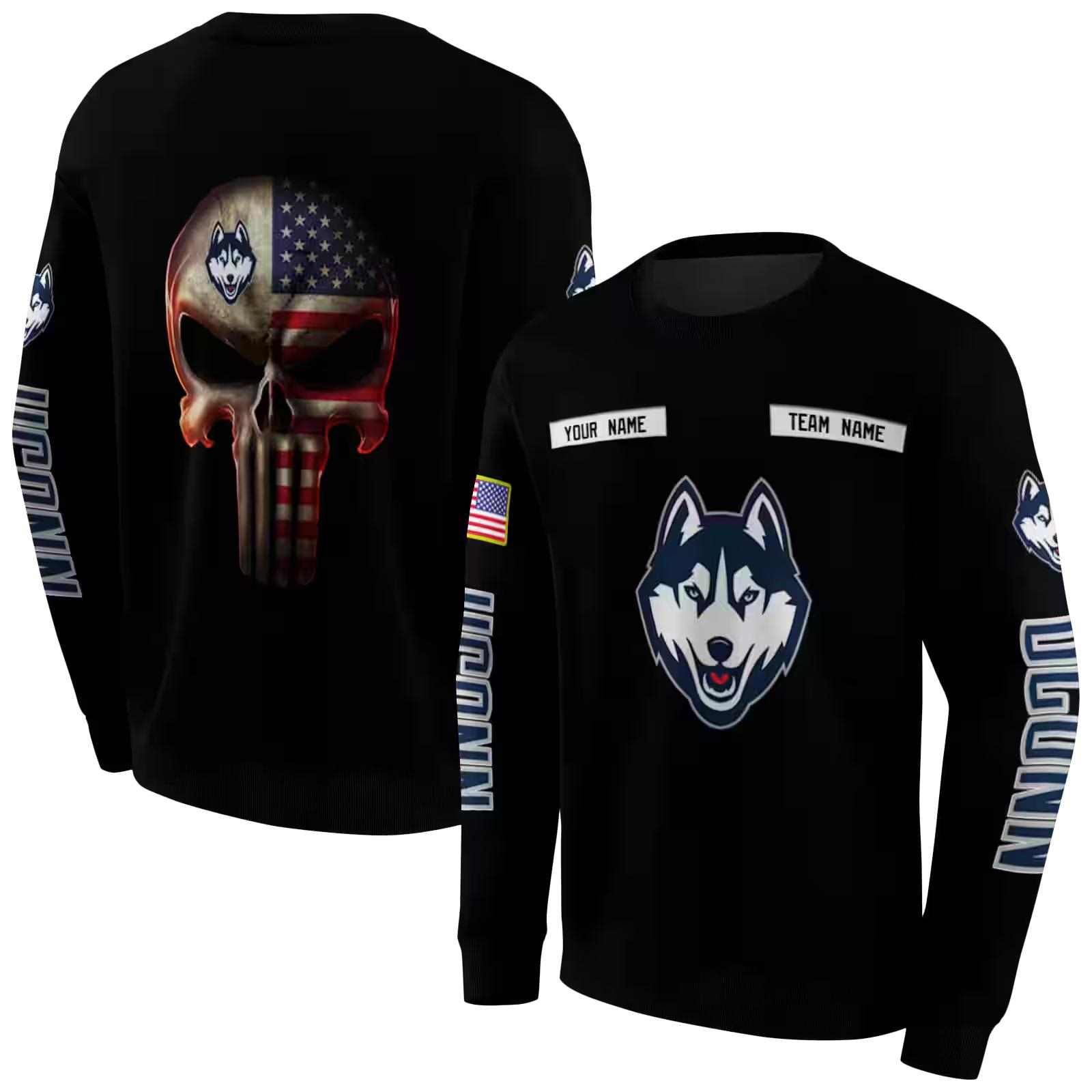 custom uconn huskies punisher skull black hoodie premium grade