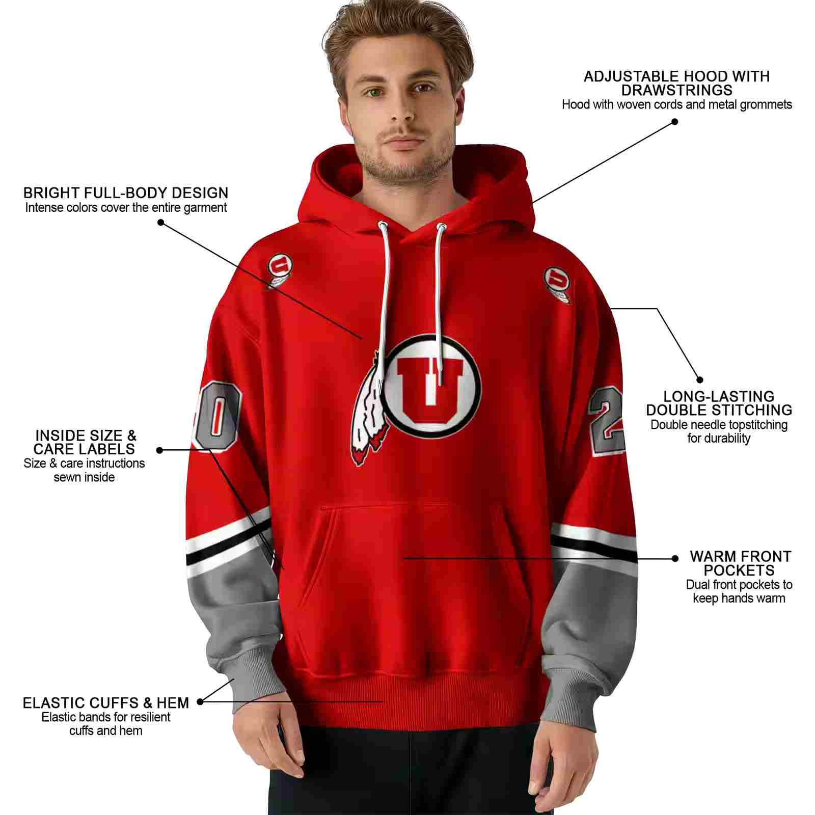 custom utah utes striped sleeves red hoodie latest model