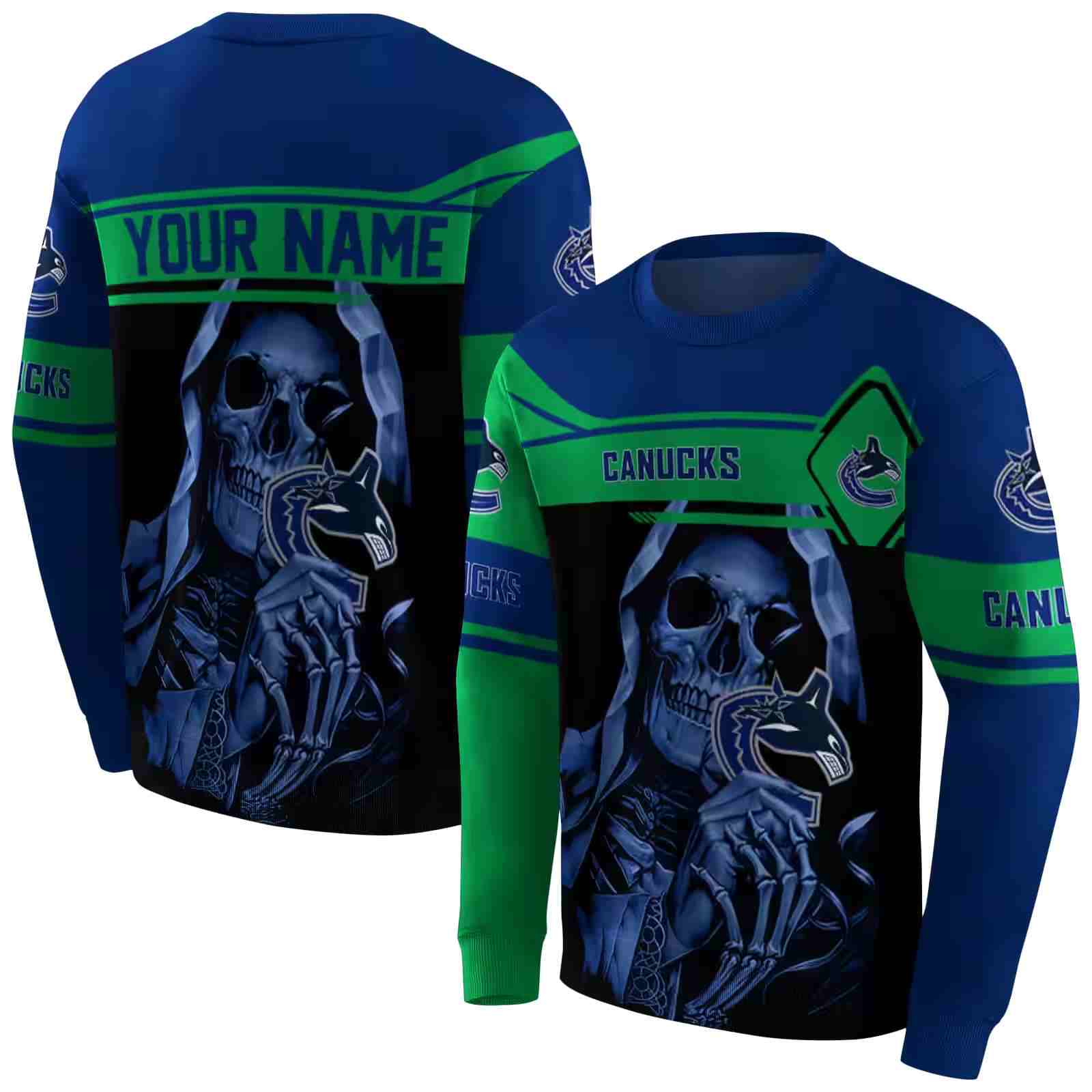 custom vancouver canucks grim reaper blue black hoodie premium grade