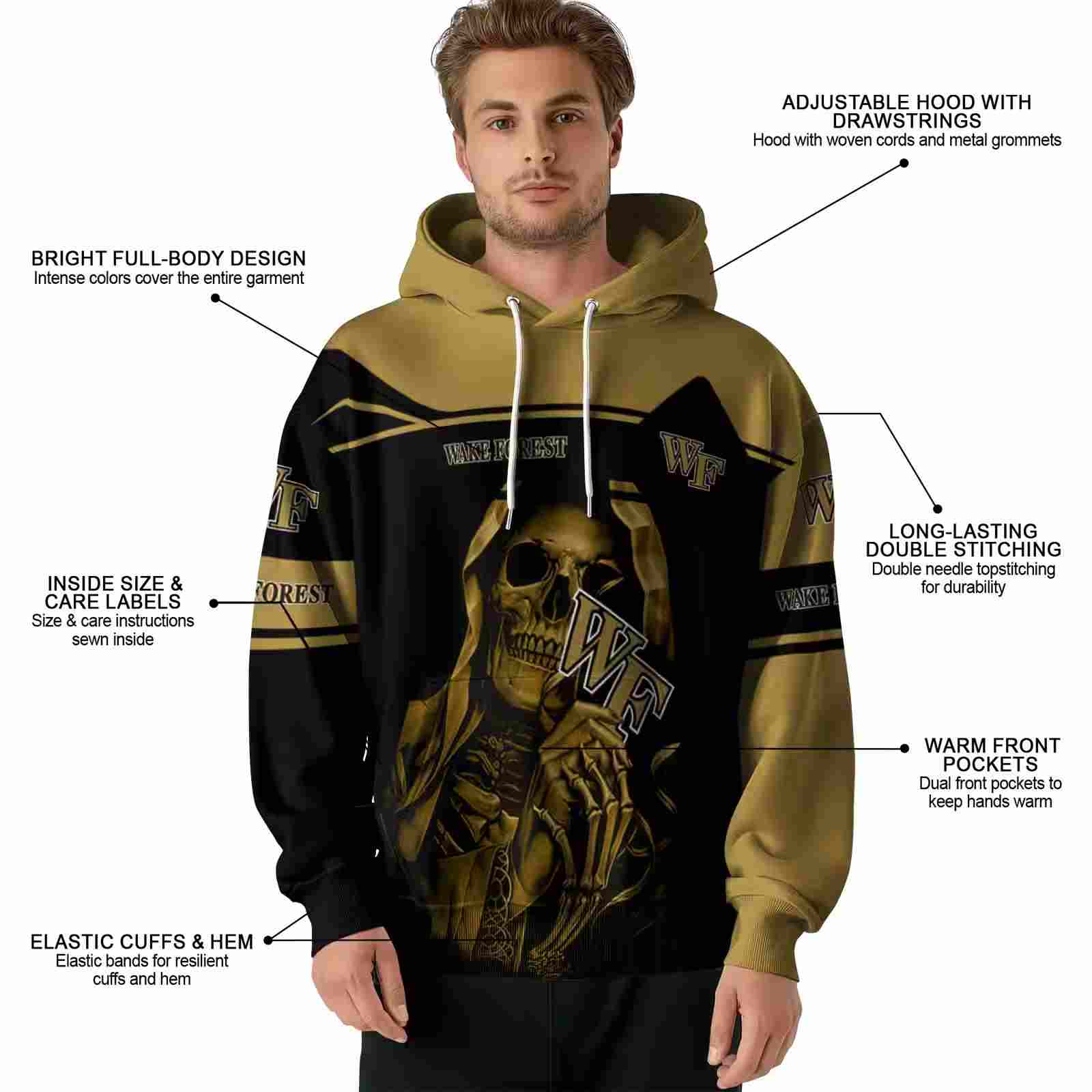 custom wake forest demon deacons grim reaper gold black hoodie latest model