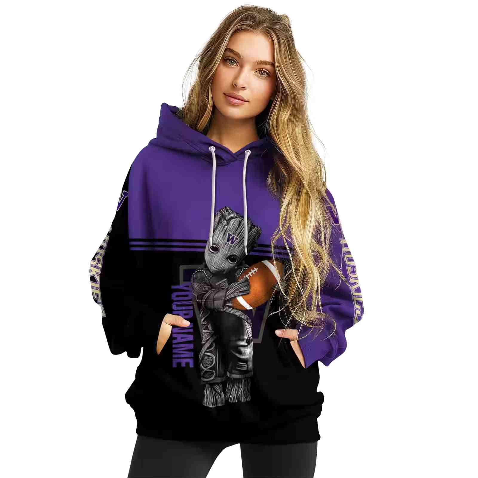 custom washington huskies baby groot purple black hoodie high quality