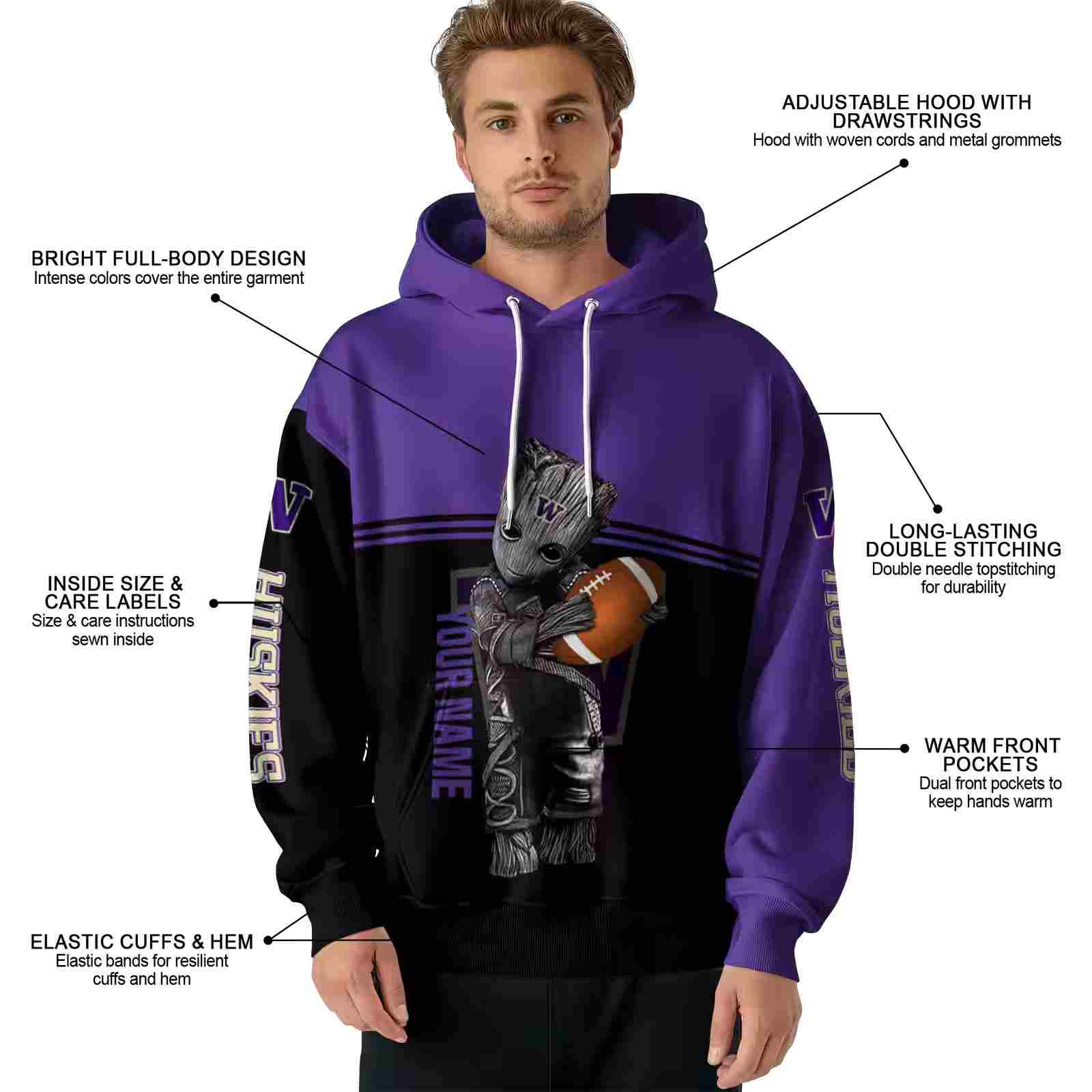 custom washington huskies baby groot purple black hoodie latest model