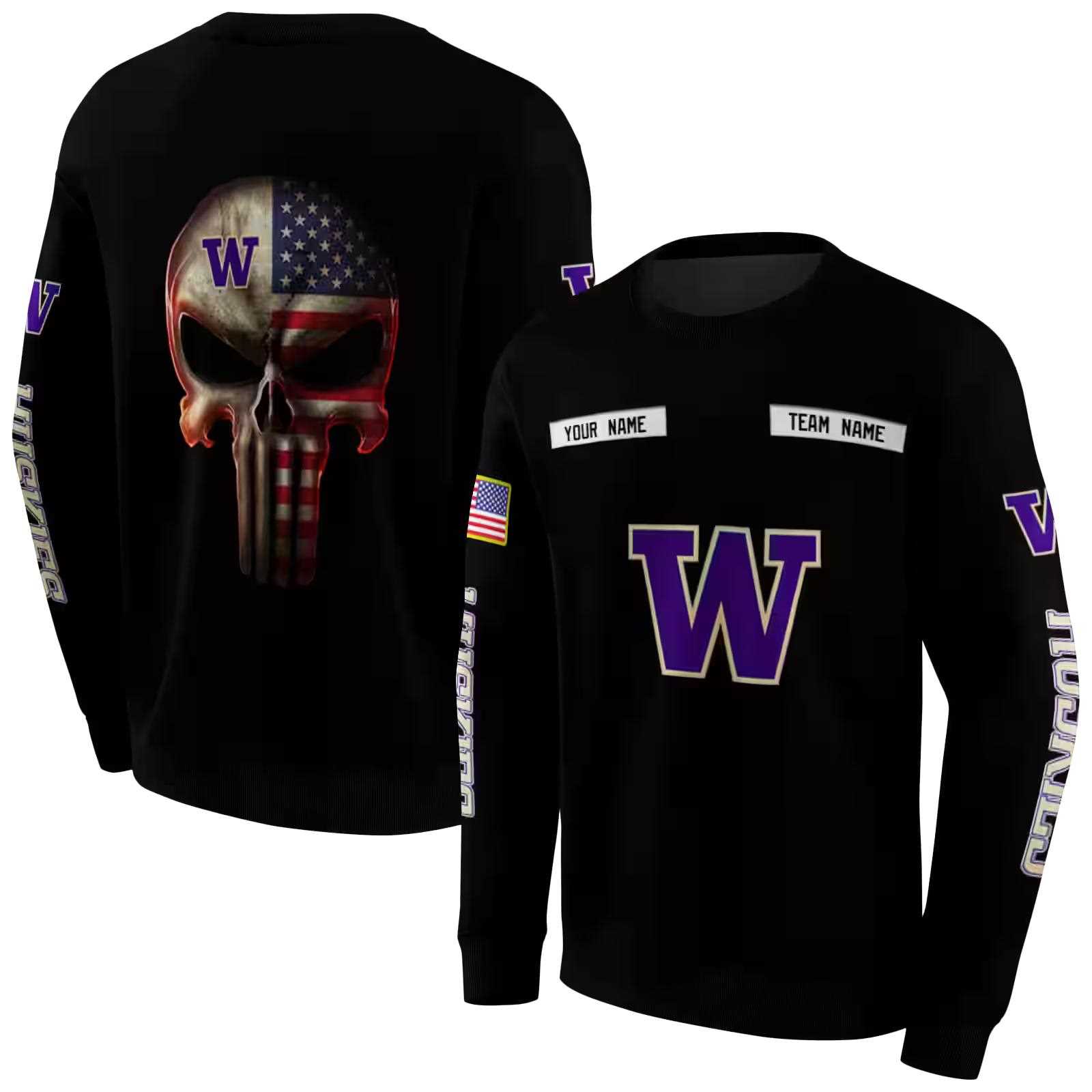 custom washington huskies punisher skull black hoodie premium grade