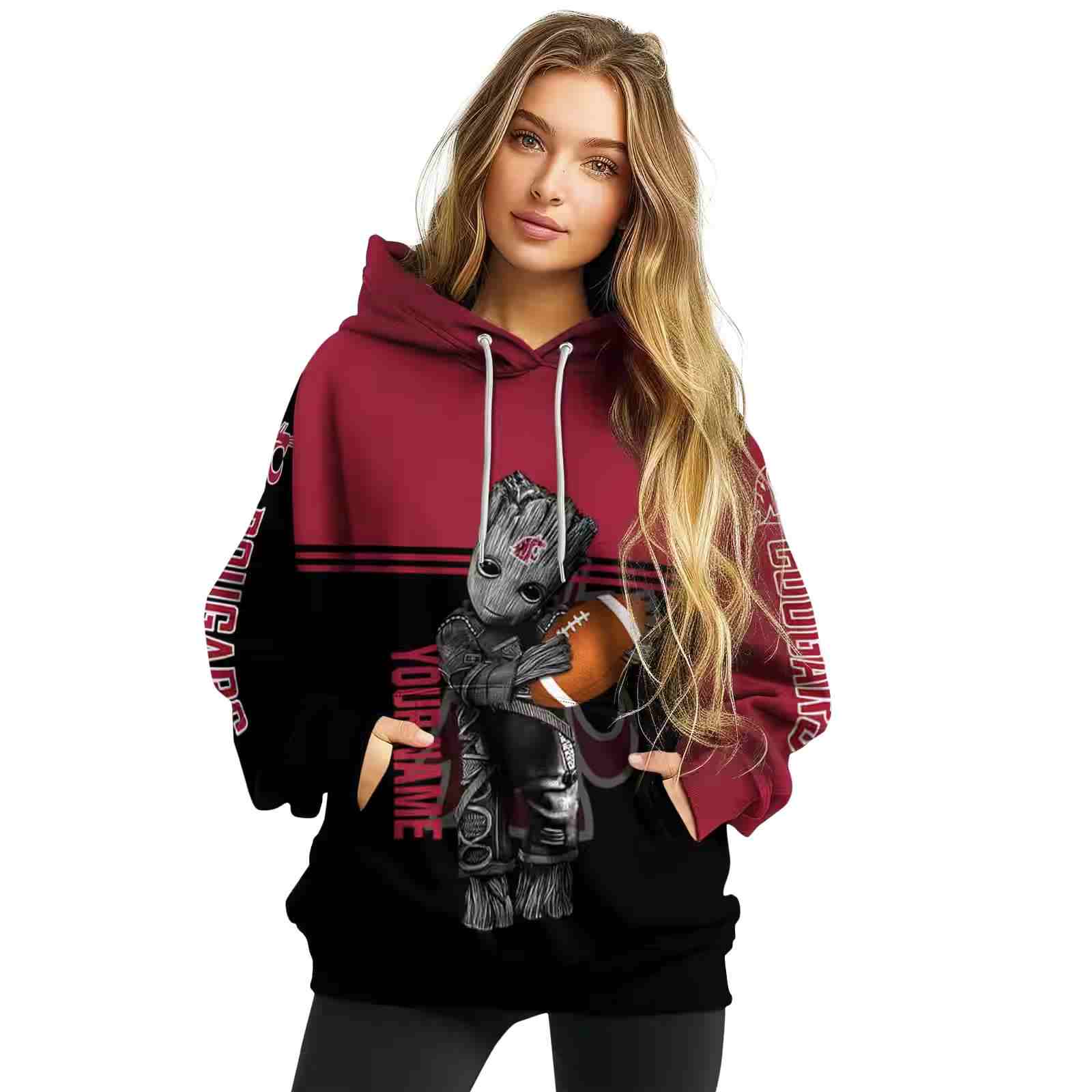 custom washington state cougars baby groot crimson black hoodie high quality