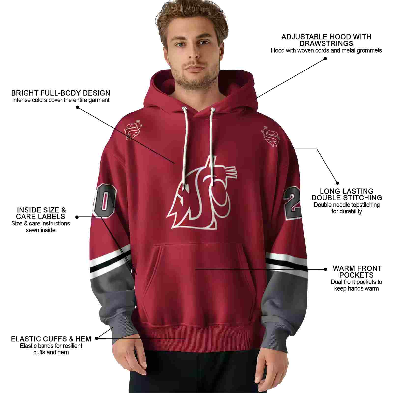 custom washington state cougars striped sleeves crimson hoodie latest model