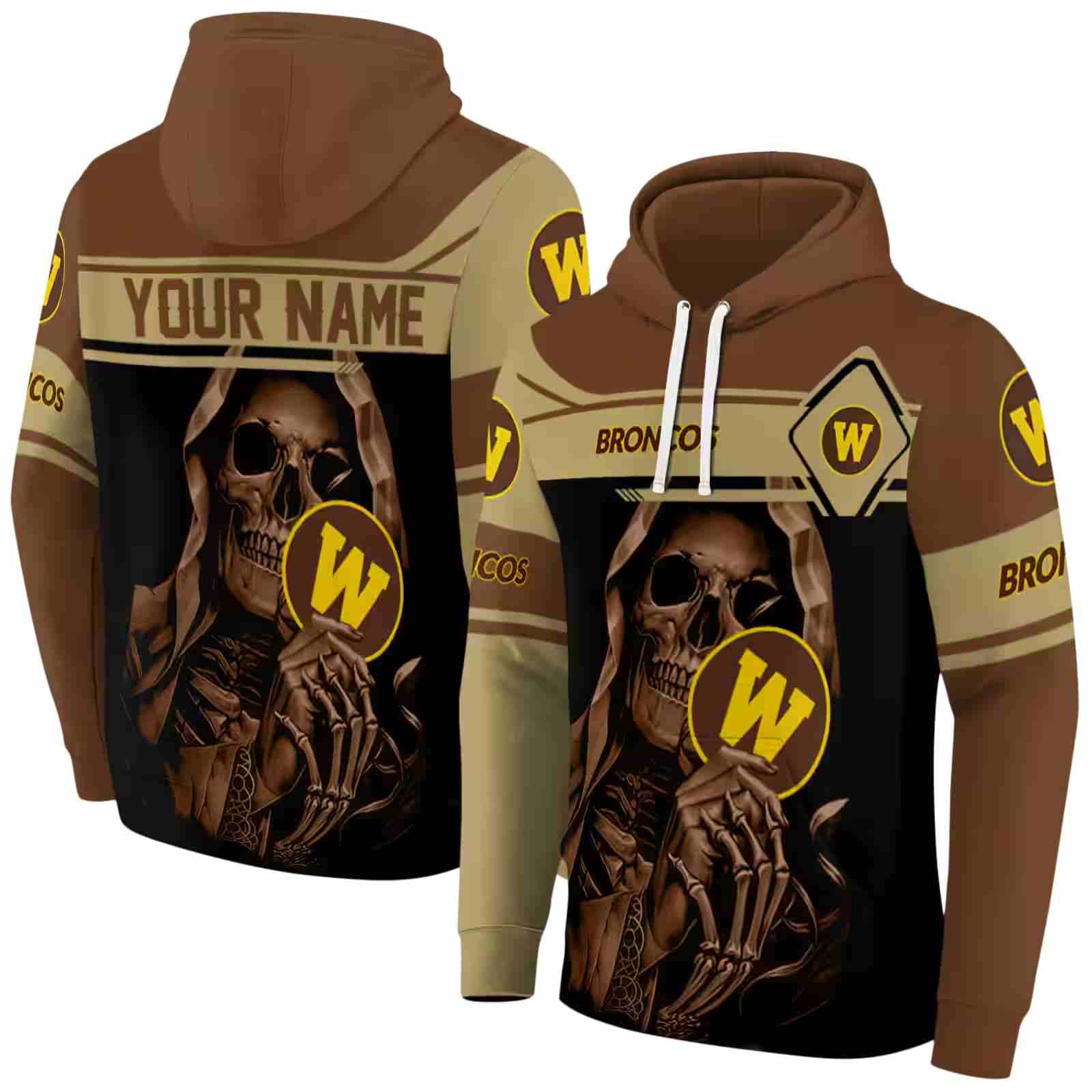 custom western michigan broncos grim reaper brown black hoodie fashion forward