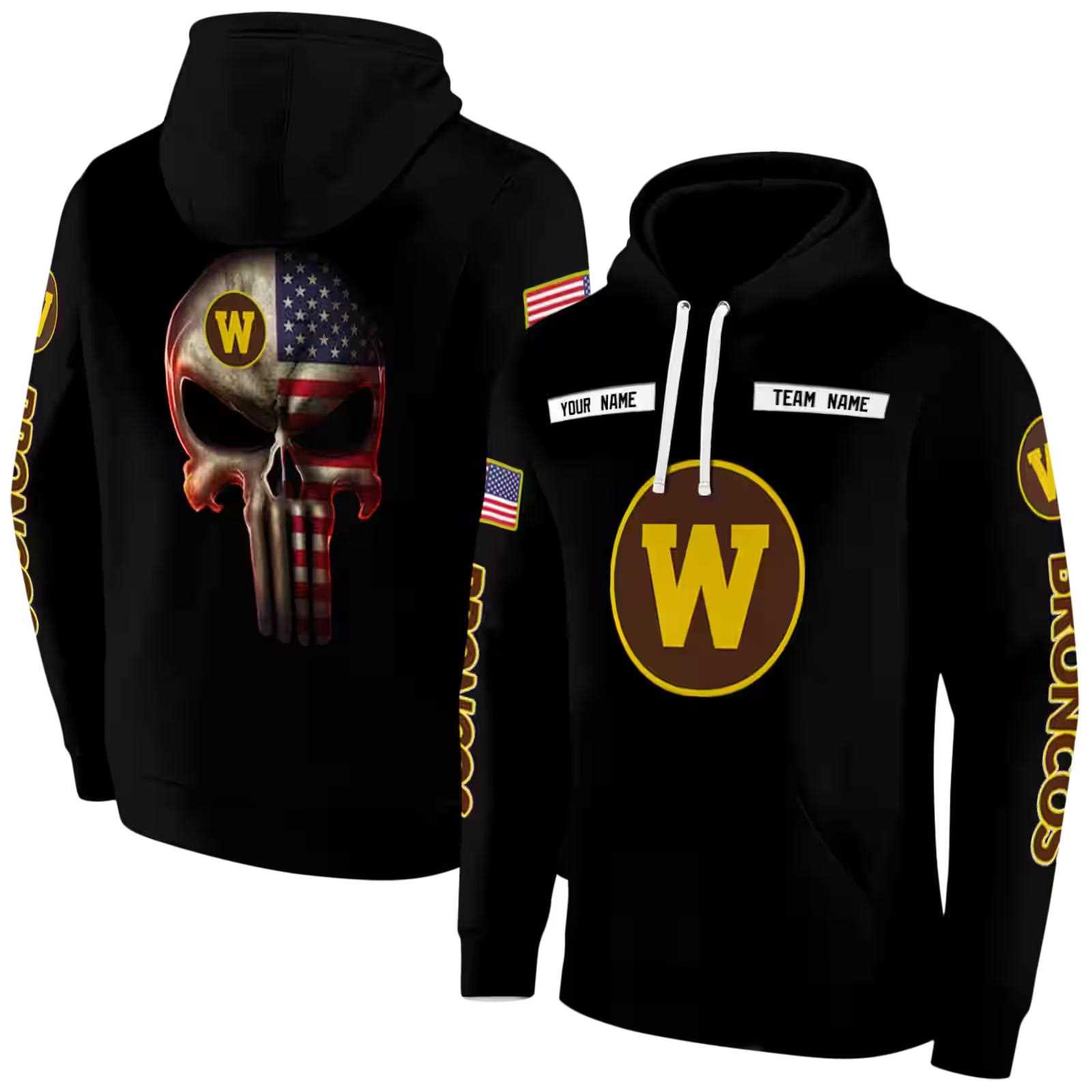 custom western michigan broncos punisher skull black hoodie fashion forward