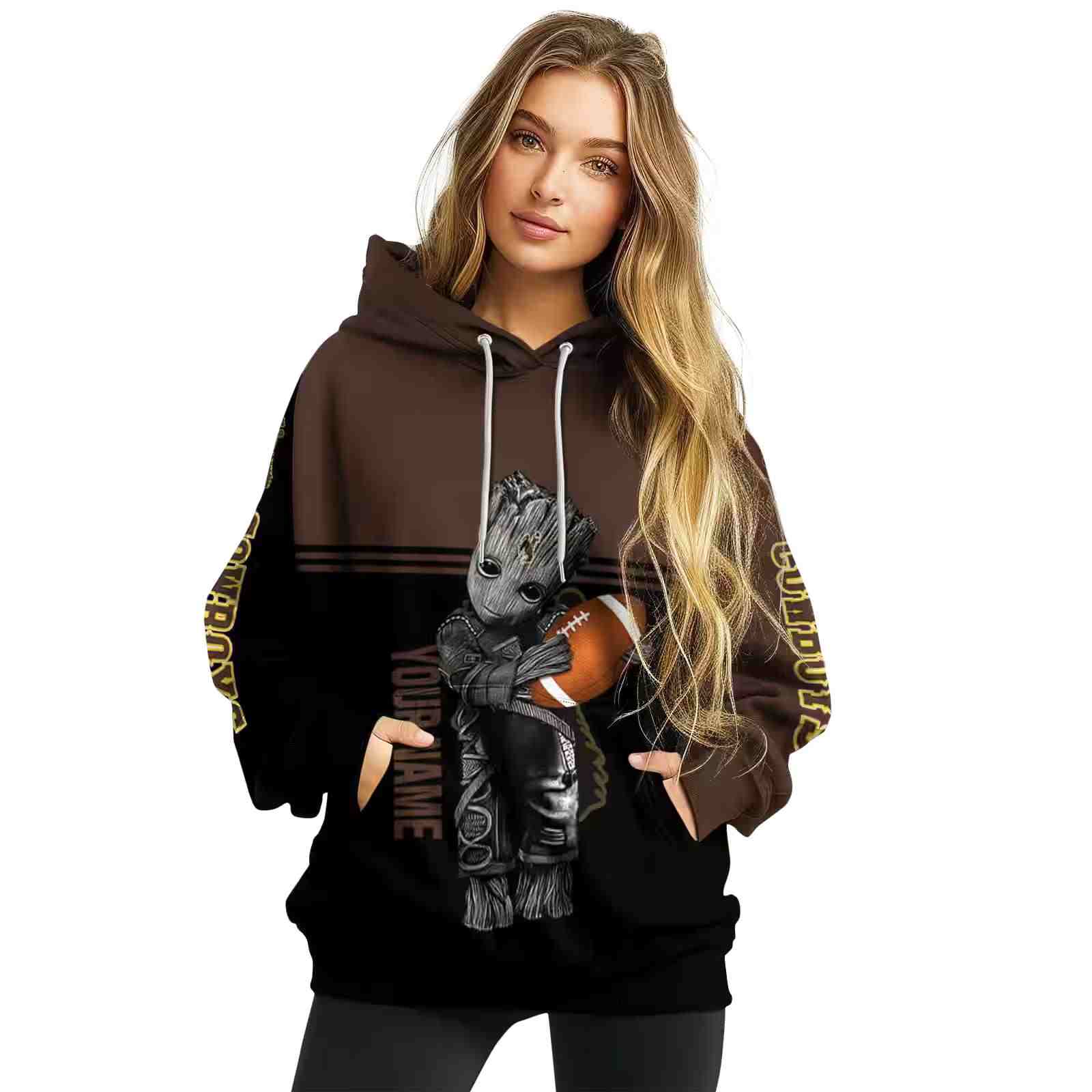 custom wyoming cowboys baby groot brown black hoodie high quality