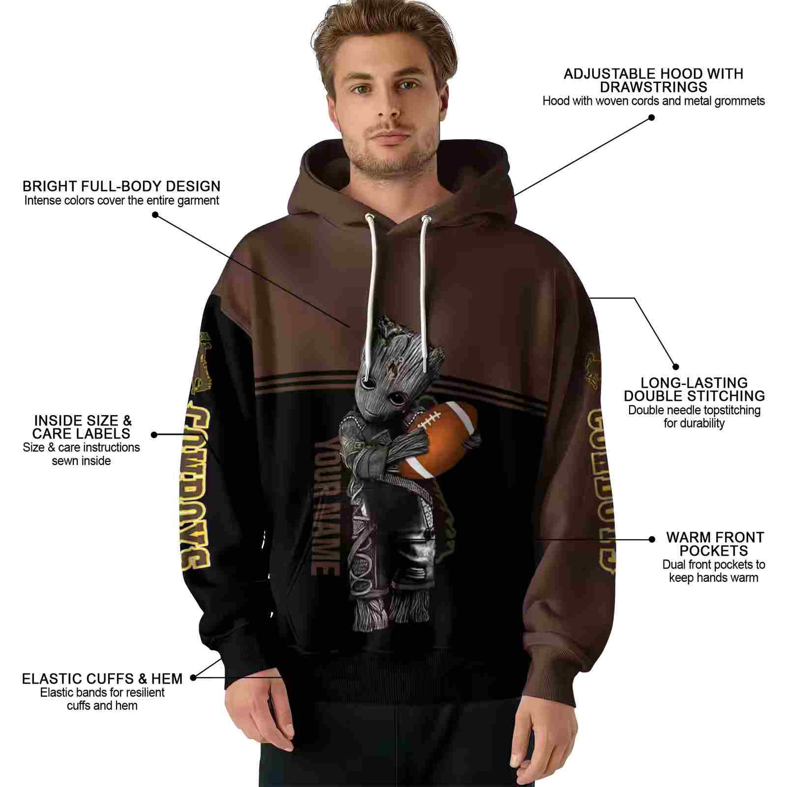 custom wyoming cowboys baby groot brown black hoodie latest model