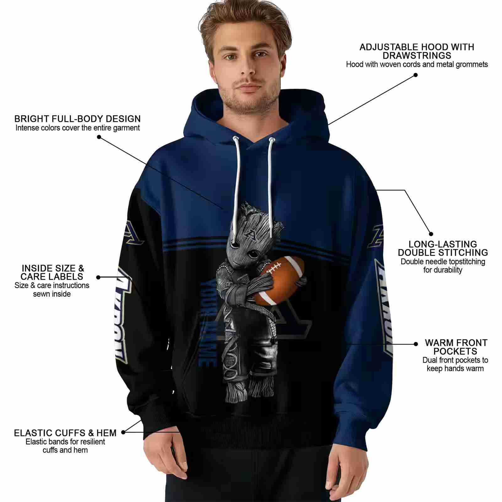 customized akron zips baby groot blue black hoodie latest model