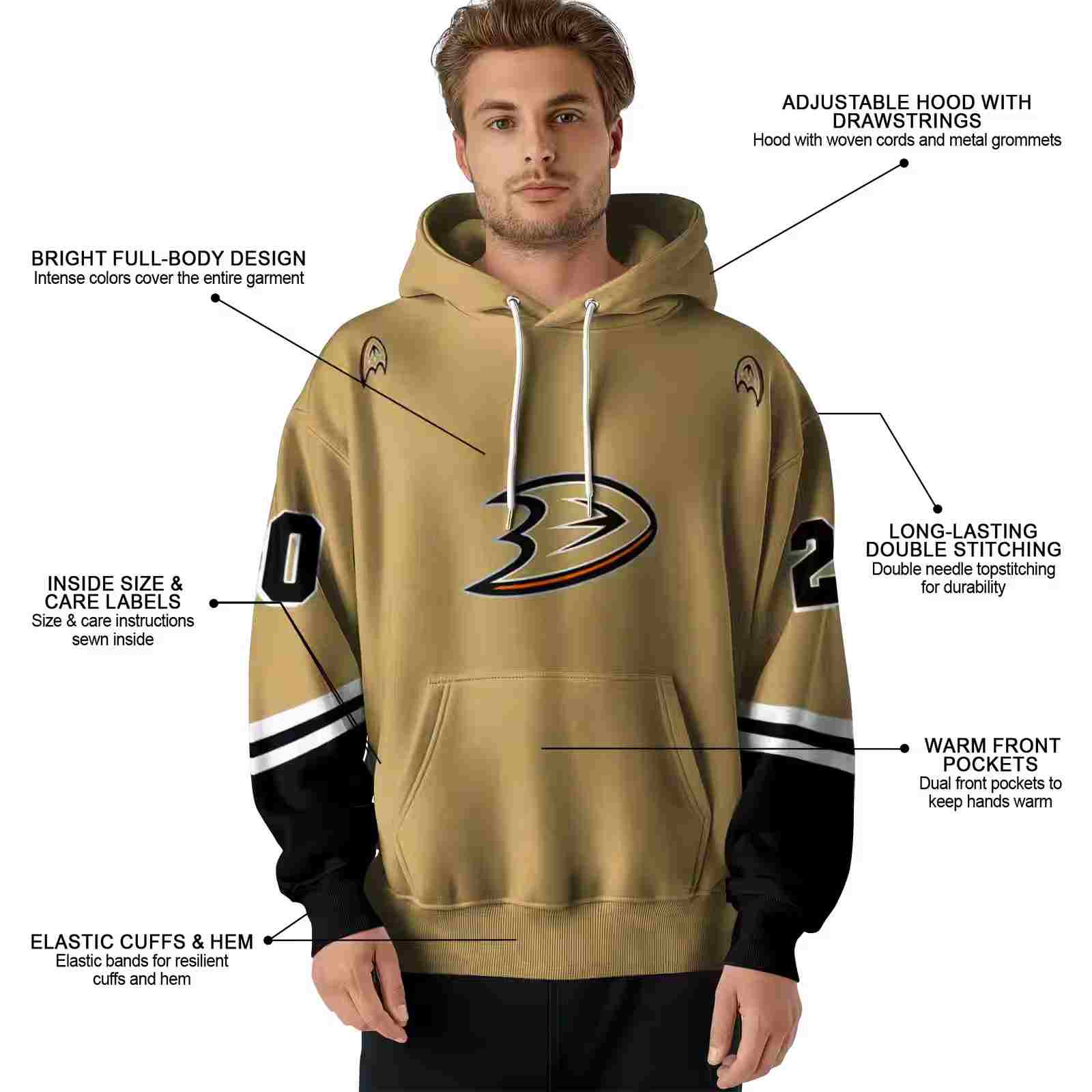 customized anaheim ducks striped sleeves gold hoodie latest model