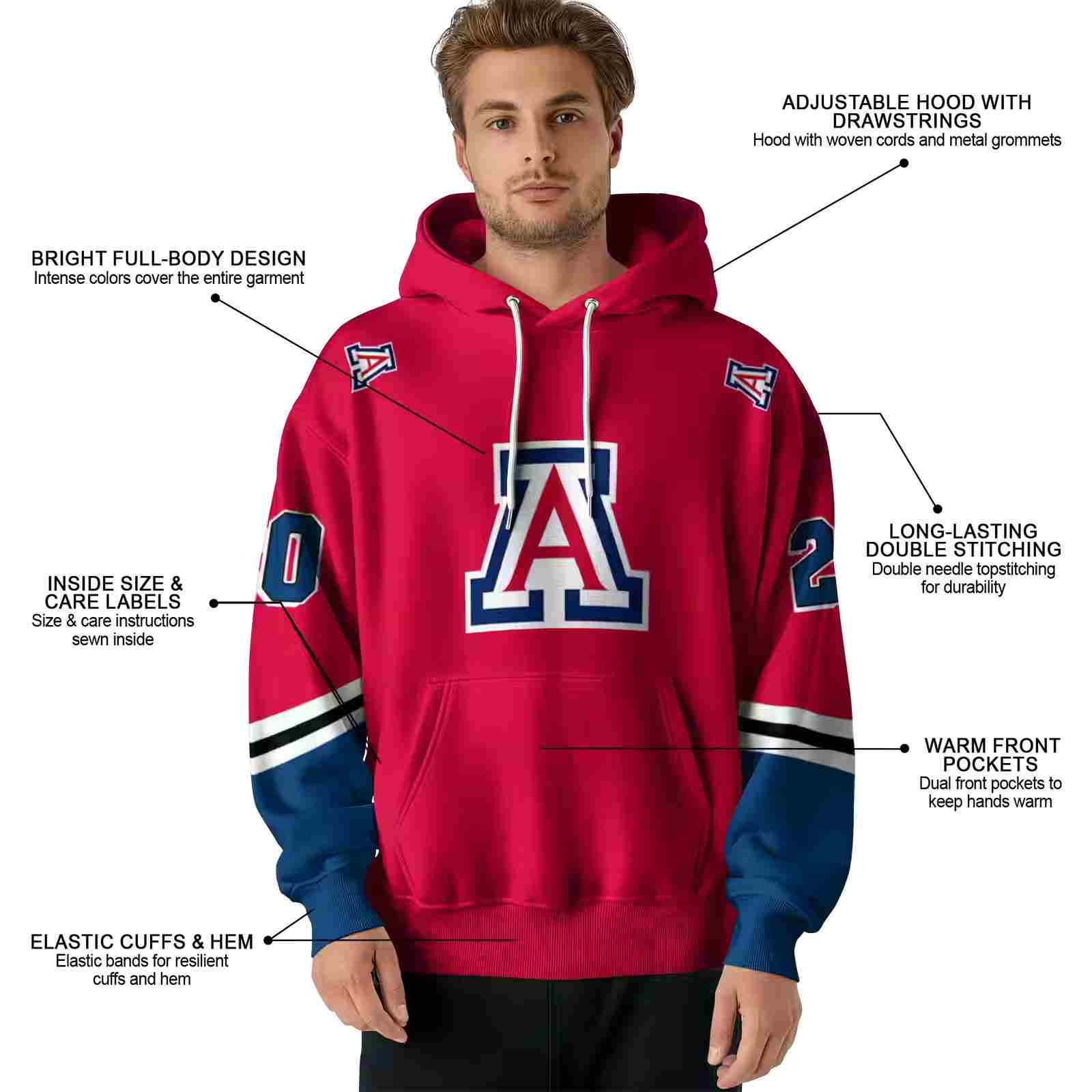 customized arizona wildcats striped sleeves red hoodie latest model