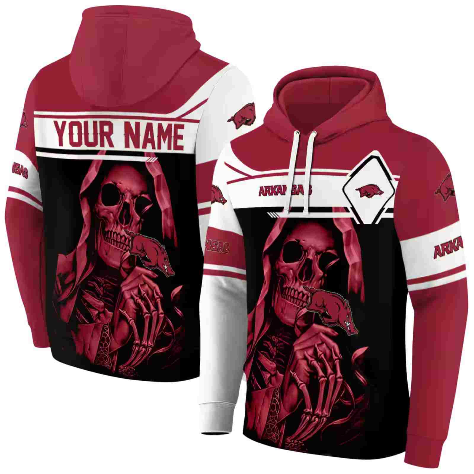 customized arkansas razorbacks grim reaper red black hoodie fashion forward