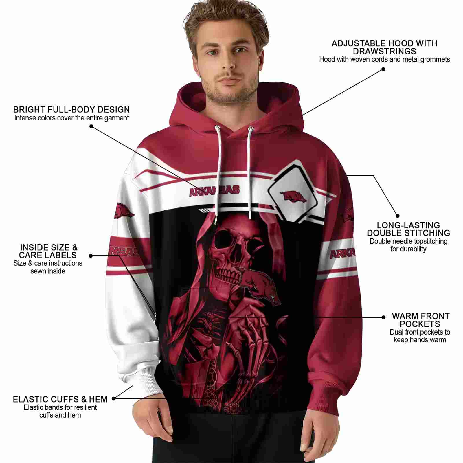 customized arkansas razorbacks grim reaper red black hoodie latest model