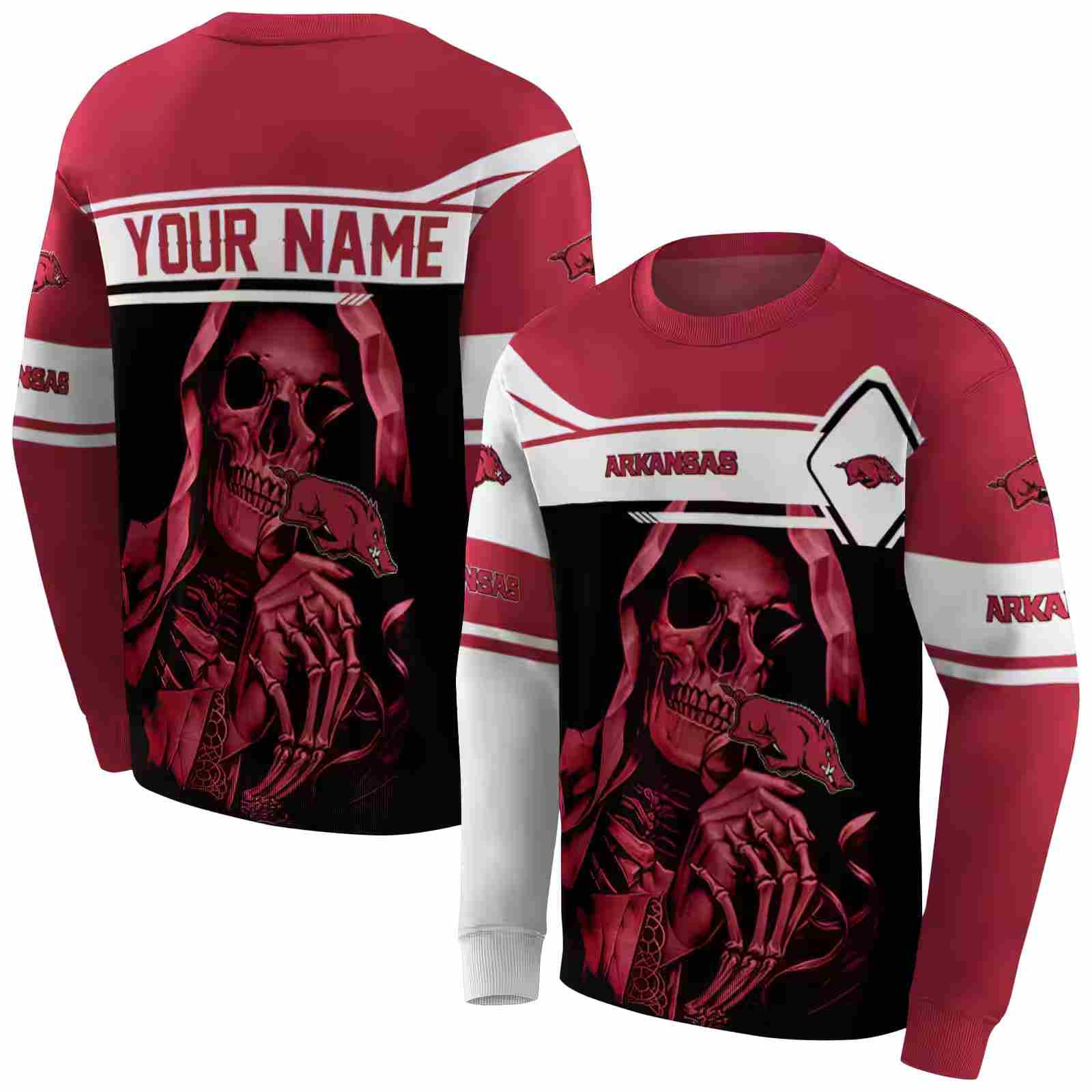 customized arkansas razorbacks grim reaper red black hoodie premium grade