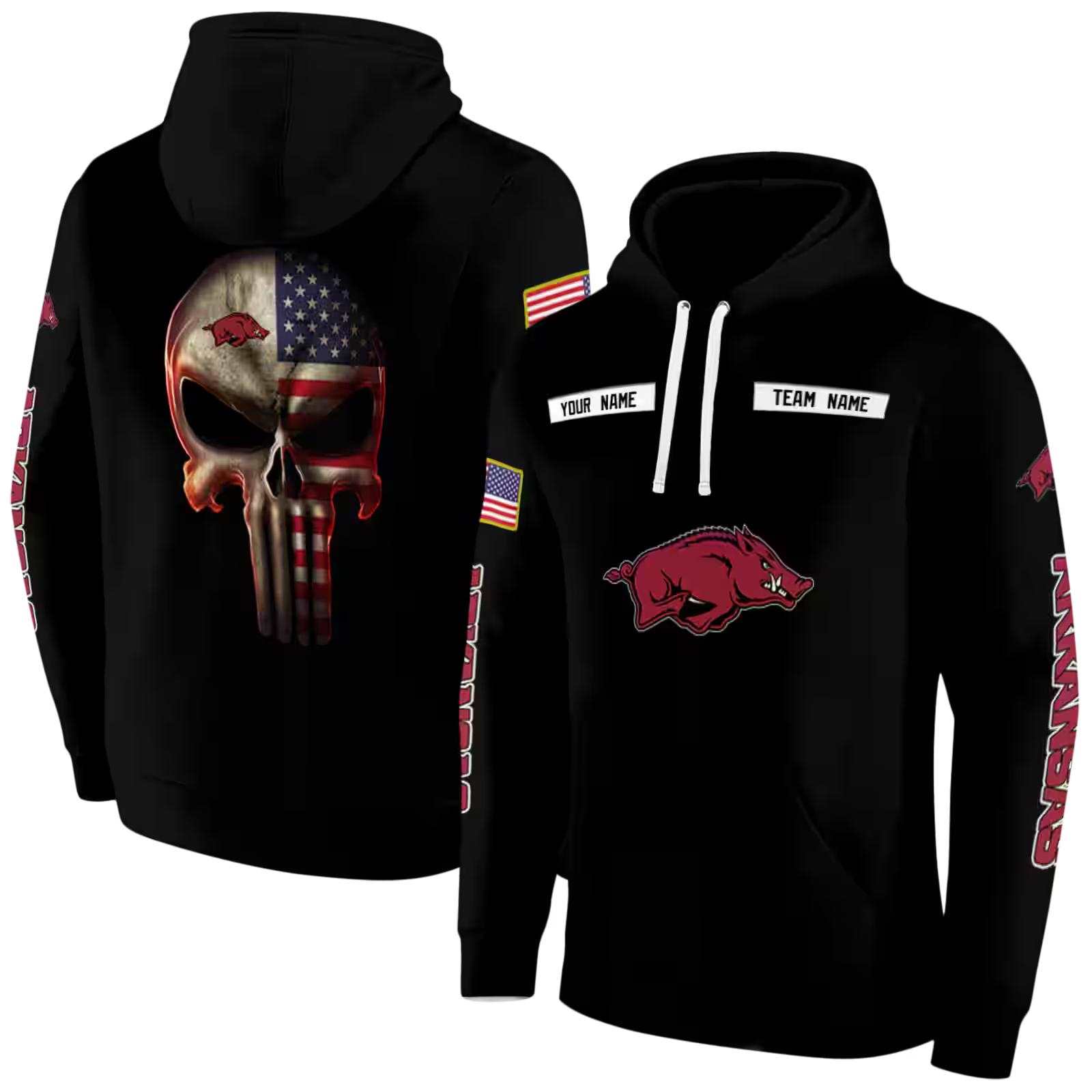 customized arkansas razorbacks punisher skull black hoodie fashion forward