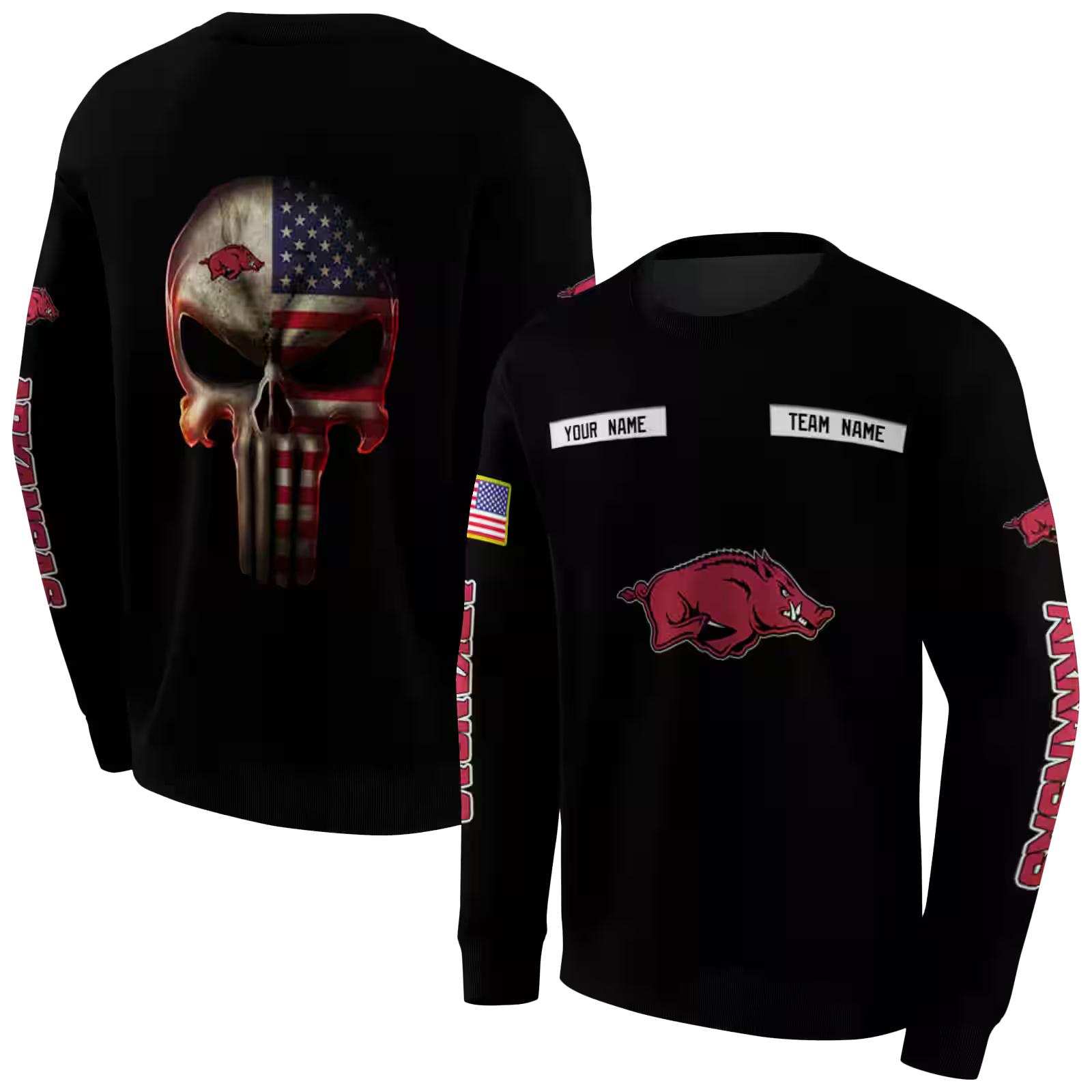 customized arkansas razorbacks punisher skull black hoodie premium grade