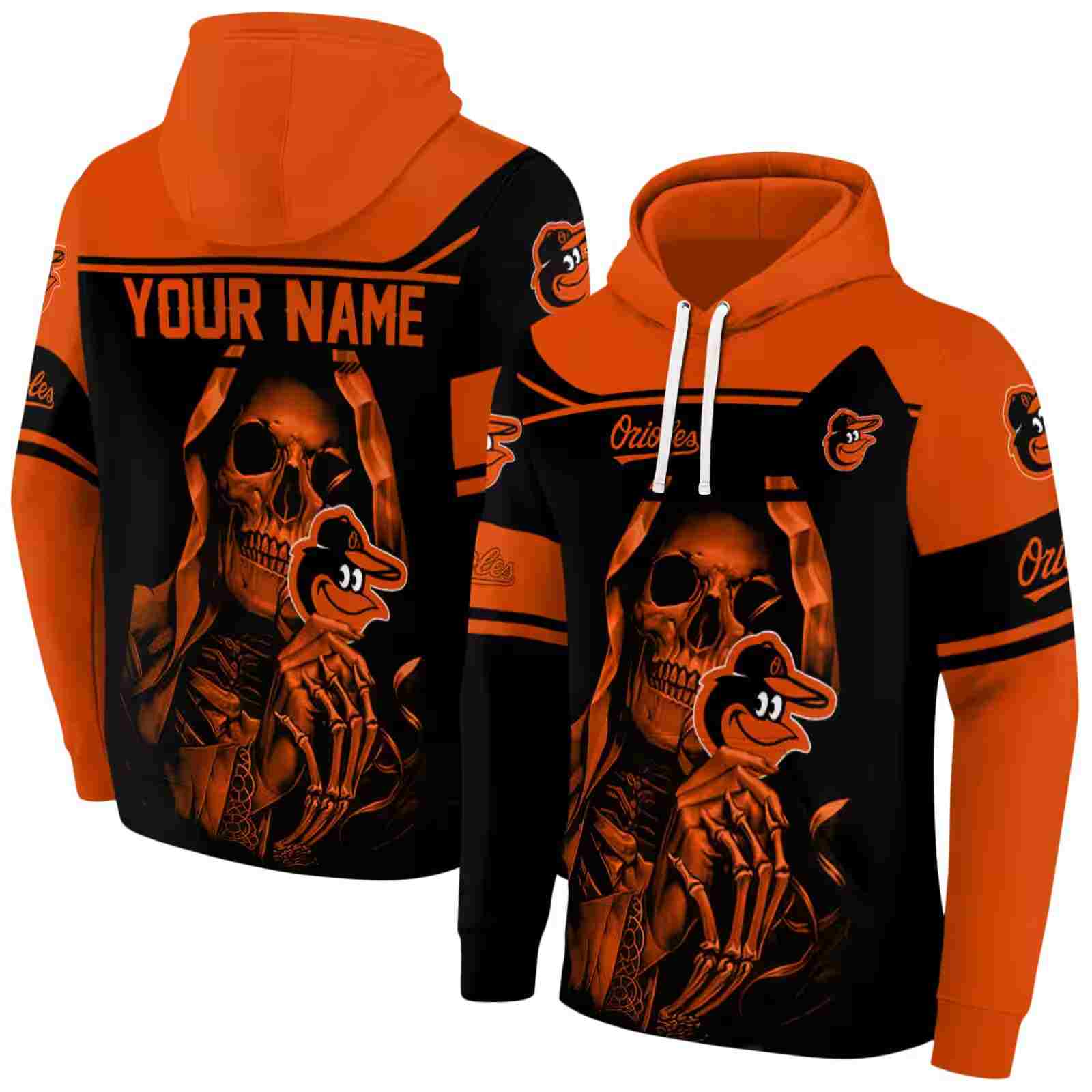 customized baltimore orioles grim reaper orange black hoodie fashion forward