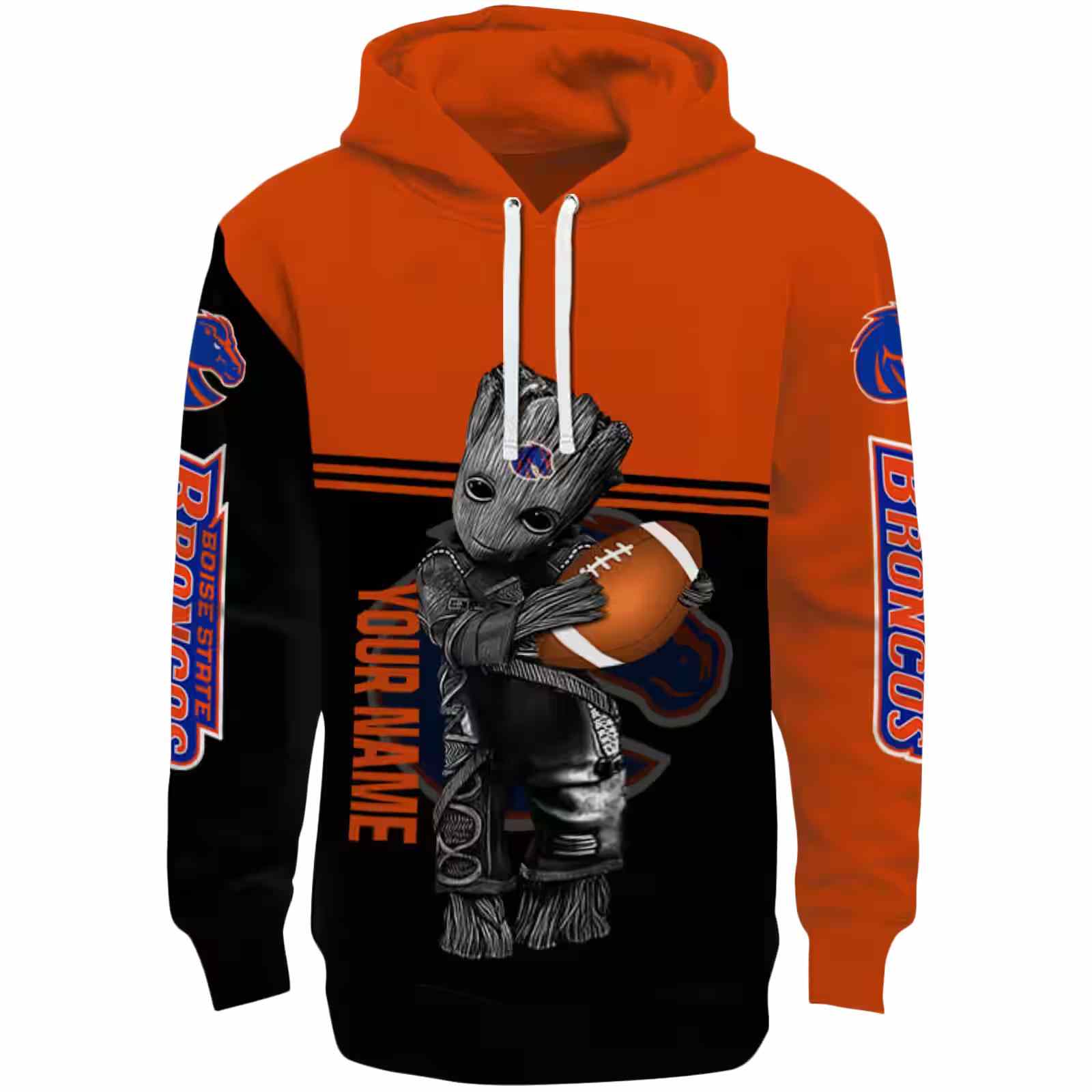 Customized Boise State Broncos Baby Groot Orange Black Hoodie