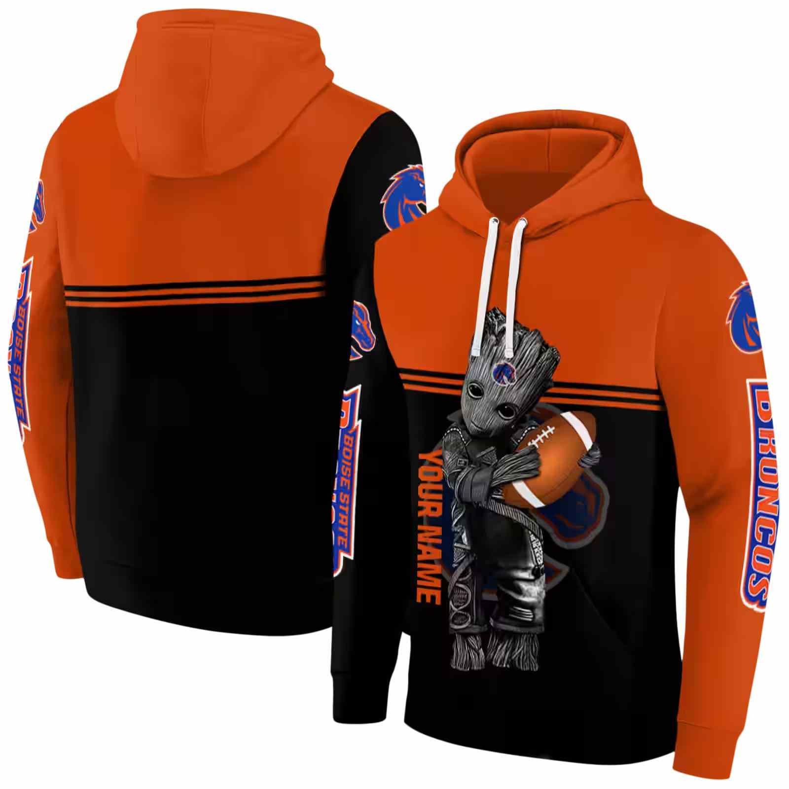 customized boise state broncos baby groot orange black hoodie fashion forward