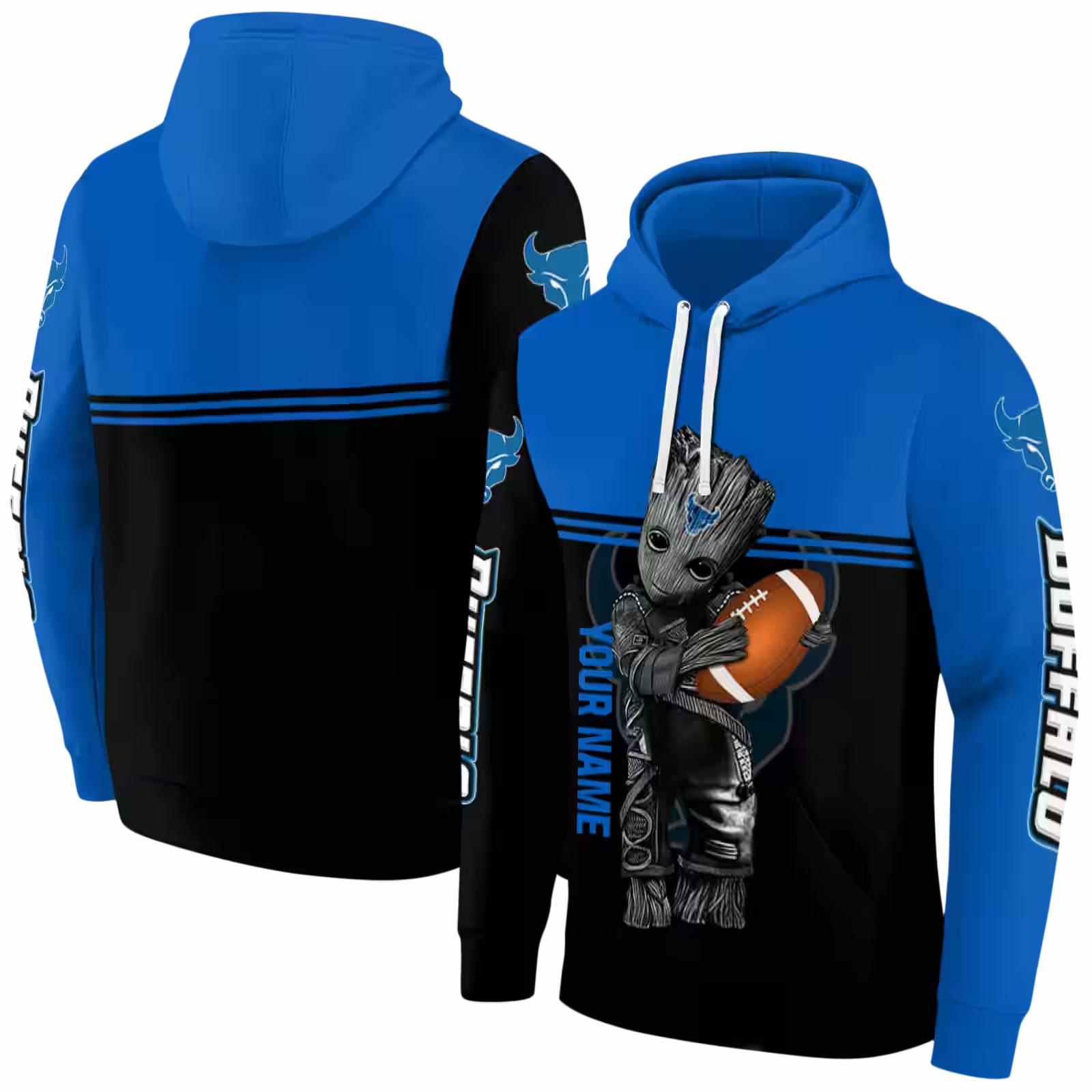 customized buffalo bulls baby groot royal blue black hoodie fashion forward