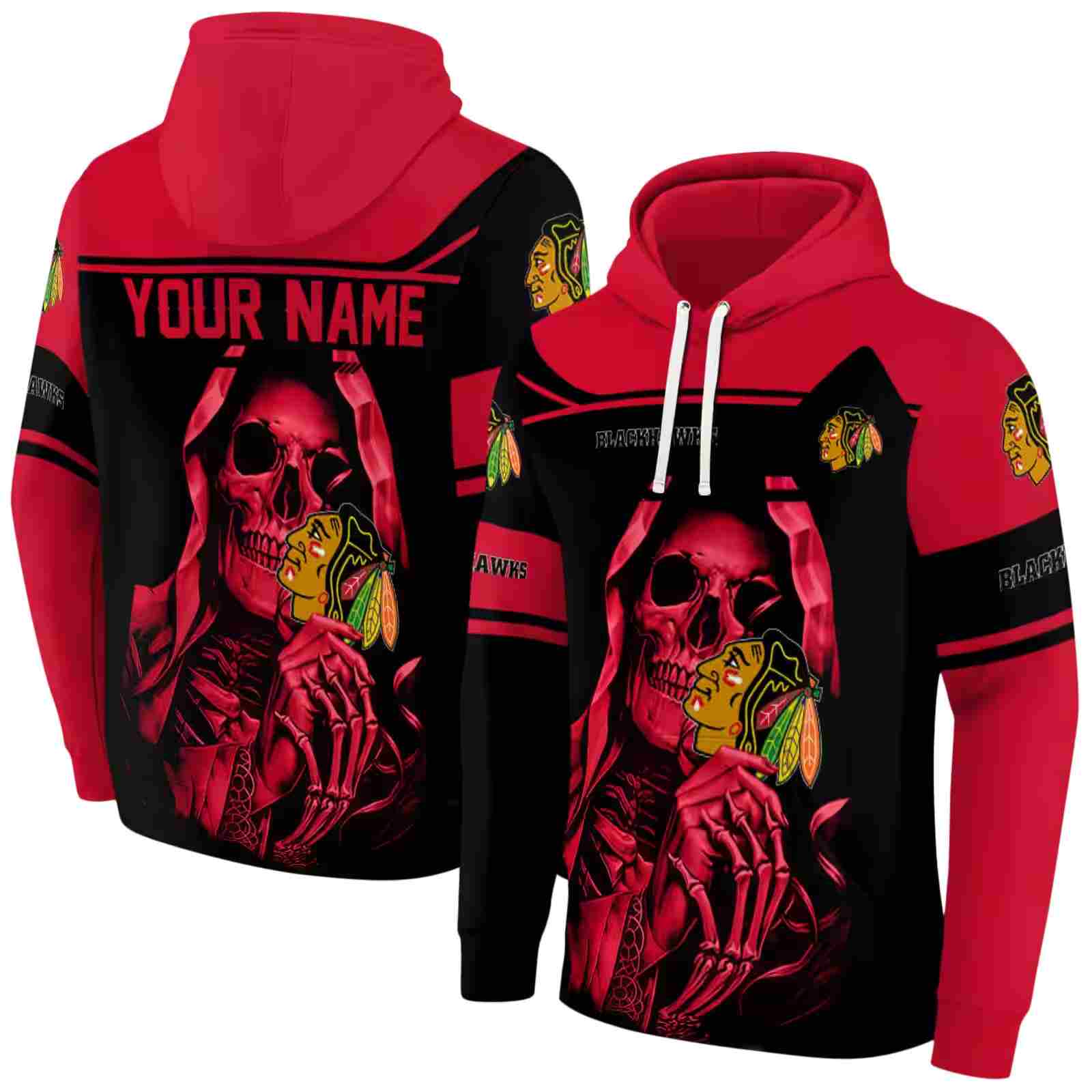 customized chicago blackhawks grim reaper red black hoodie fashion forward