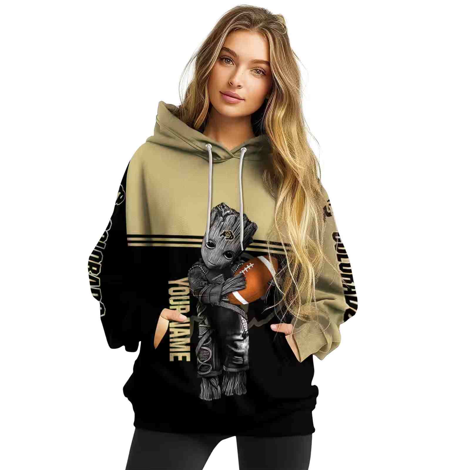 customized colorado buffaloes baby groot gold black hoodie high quality