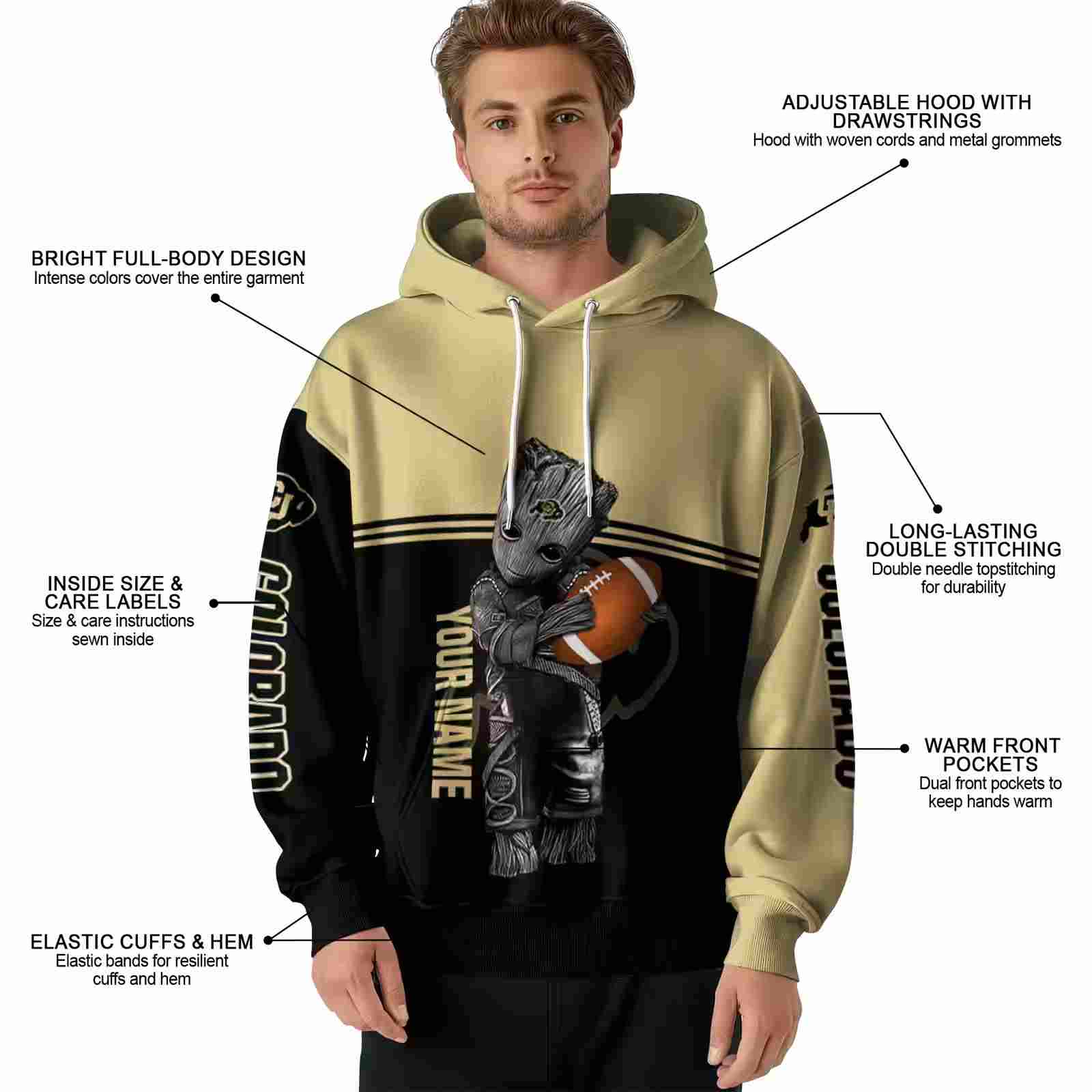 customized colorado buffaloes baby groot gold black hoodie latest model