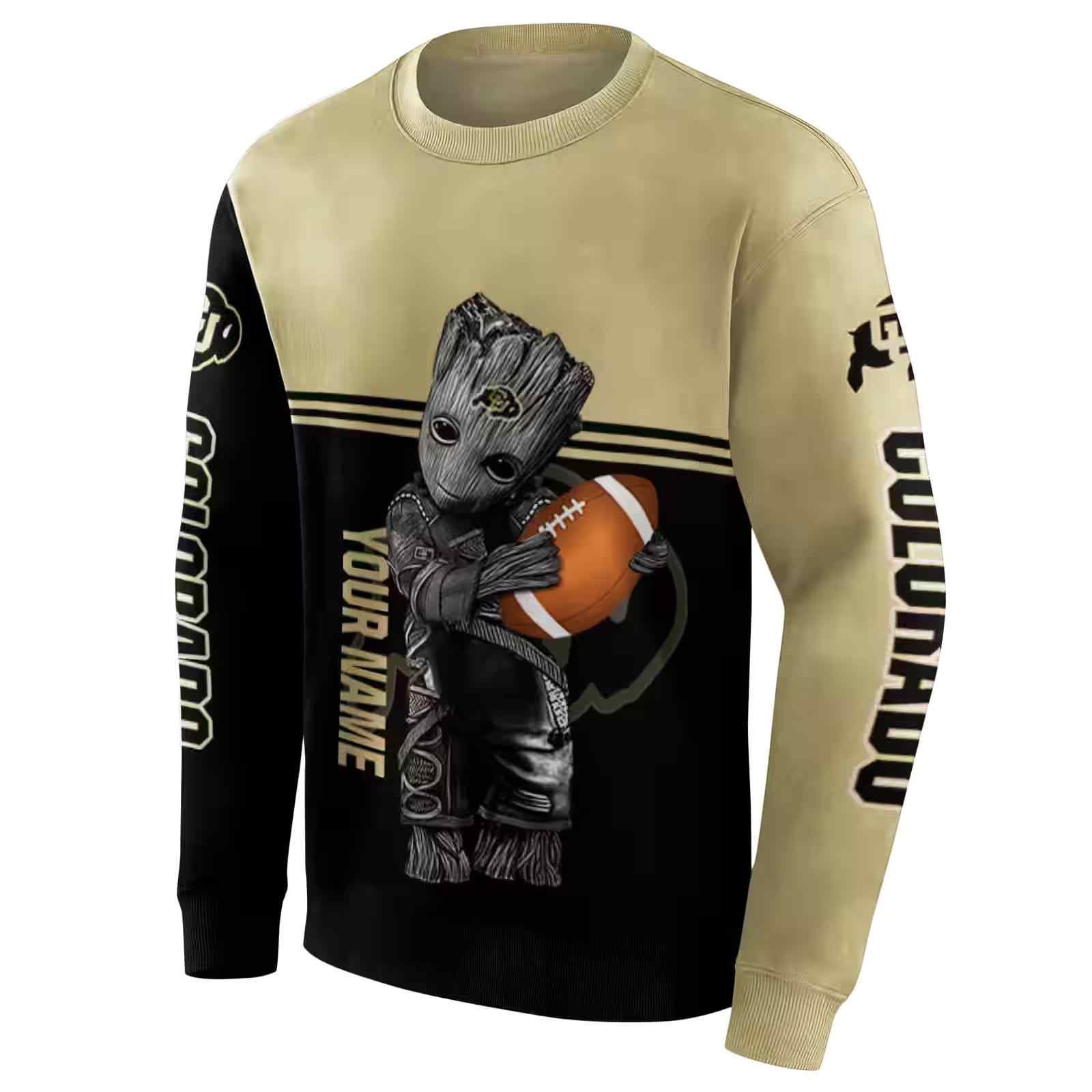 customized colorado buffaloes baby groot gold black hoodie new arrival