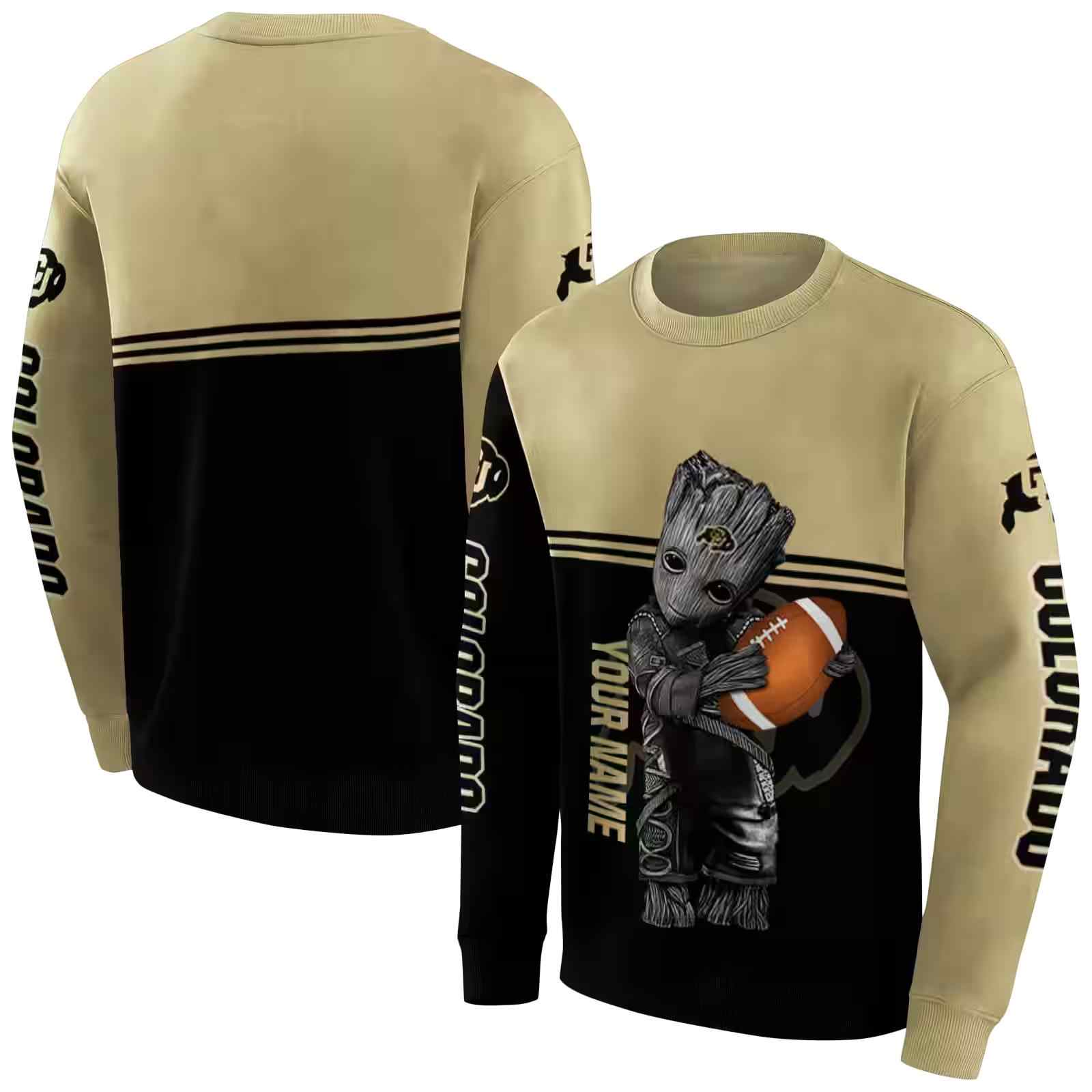 customized colorado buffaloes baby groot gold black hoodie premium grade