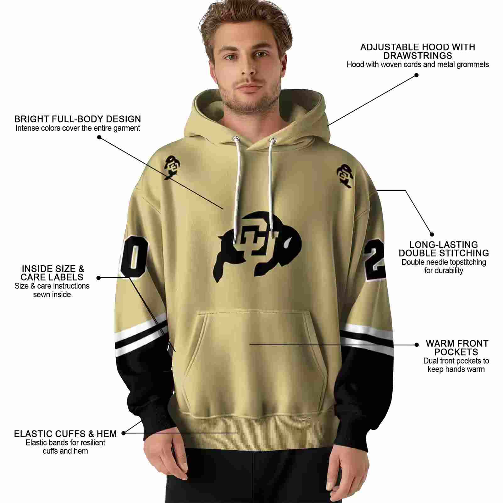 customized colorado buffaloes striped sleeves gold hoodie latest model