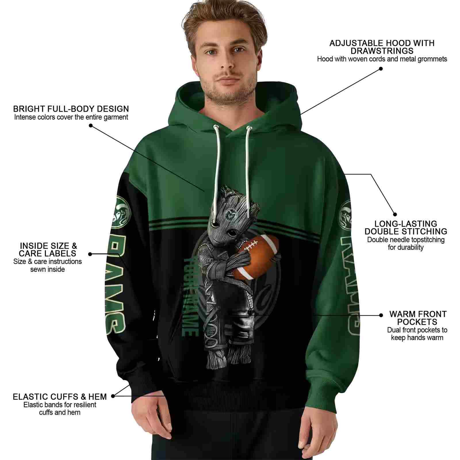 customized colorado state rams baby groot green black hoodie latest model