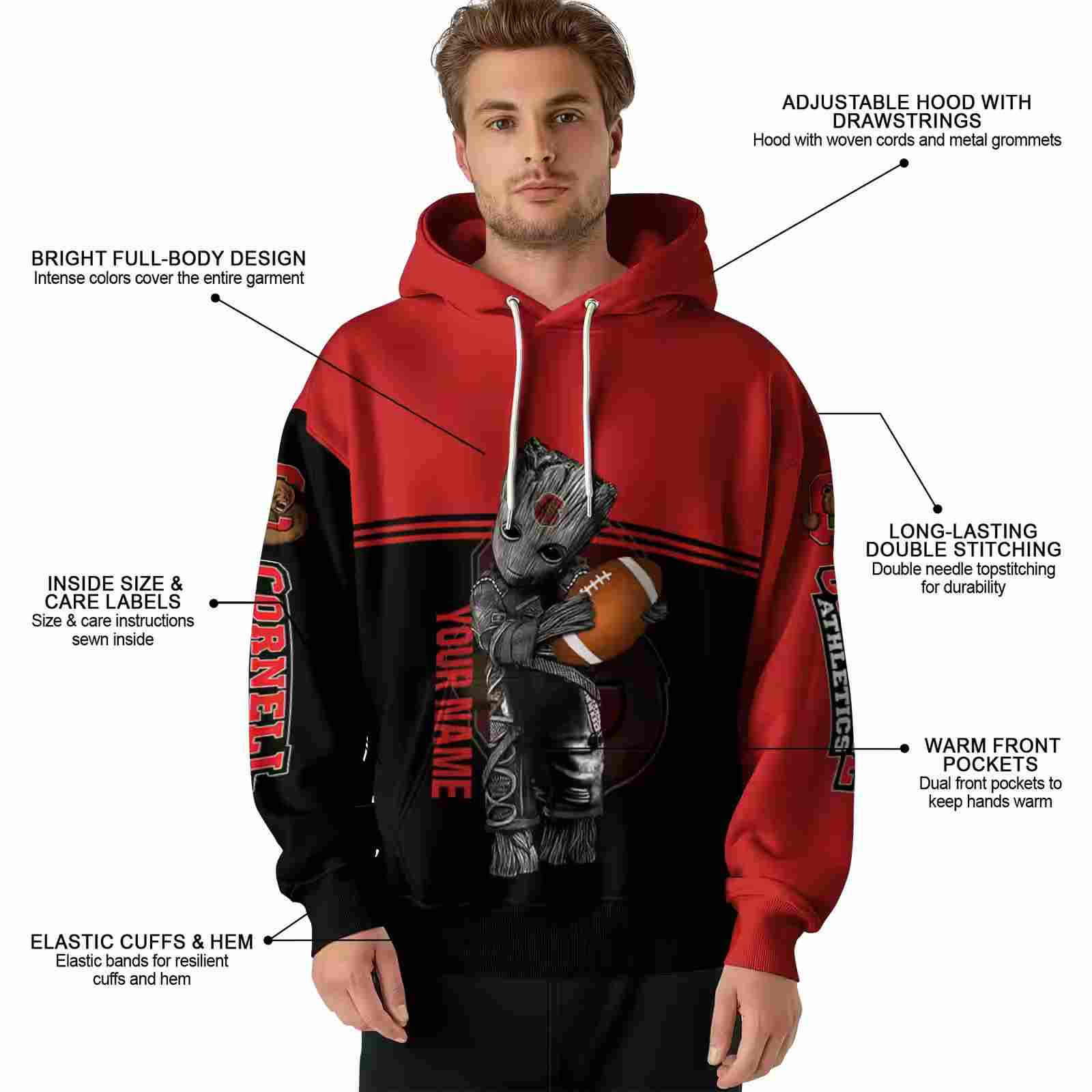 customized cornell big red baby groot red black hoodie latest model