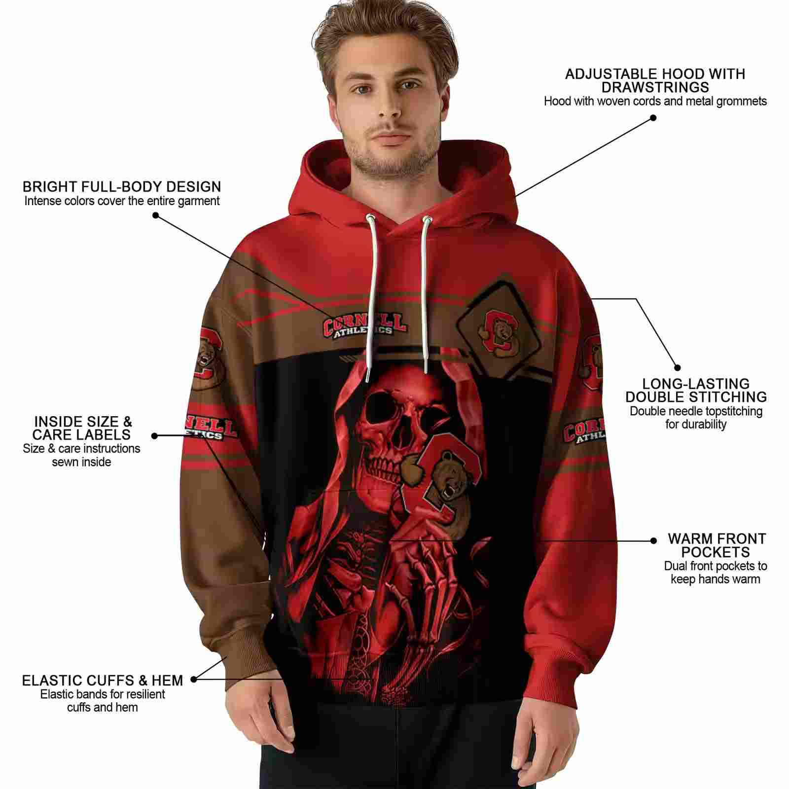 customized cornell big red grim reaper red black hoodie latest model