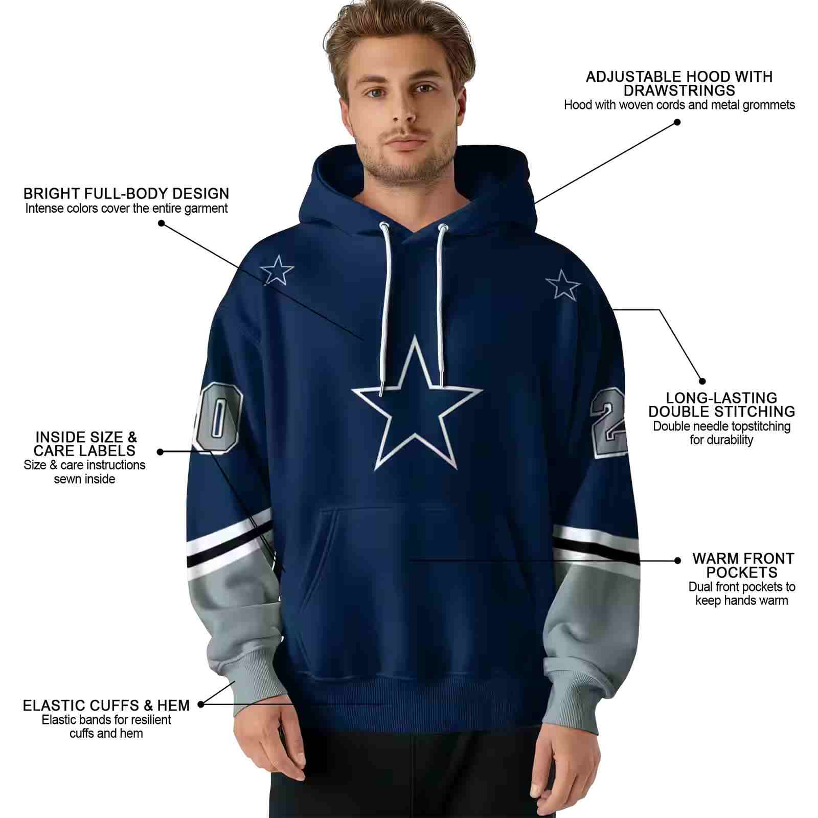 customized dallas cowboys striped sleeves blue hoodie latest model