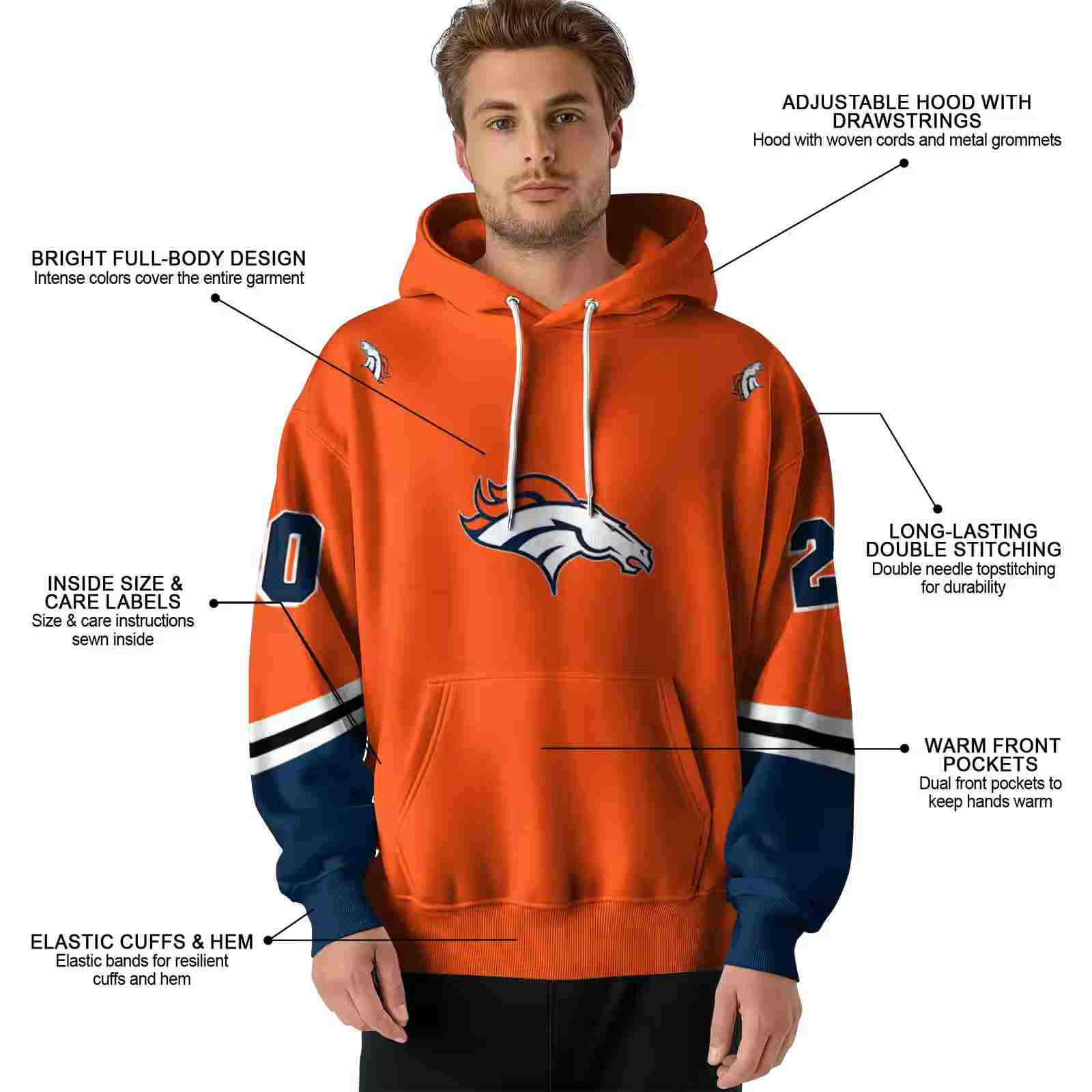 customized denver broncos striped sleeves orange hoodie latest model