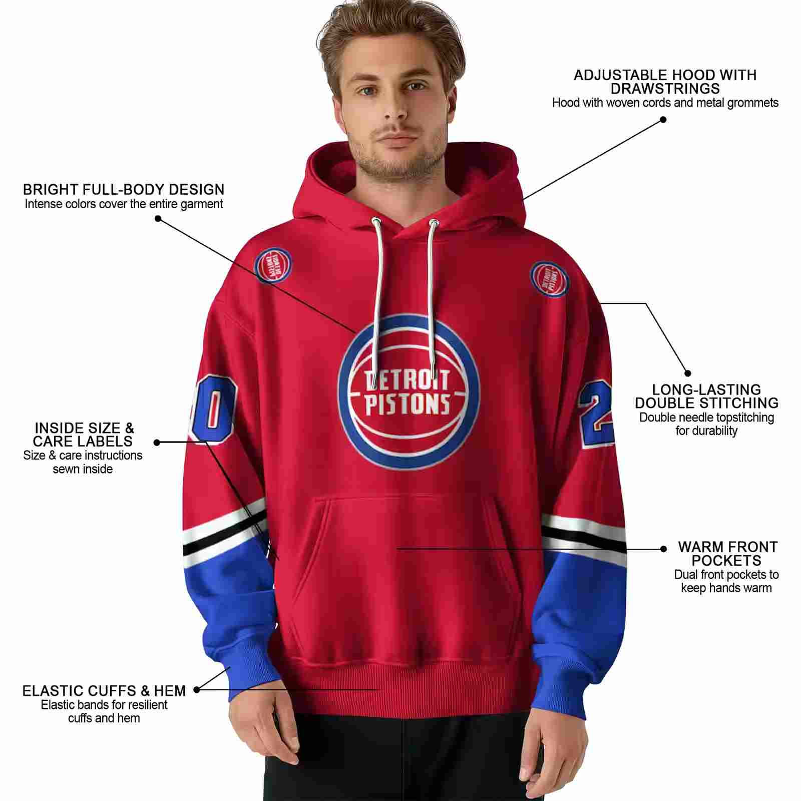 customized detroit pistons striped sleeves red hoodie latest model